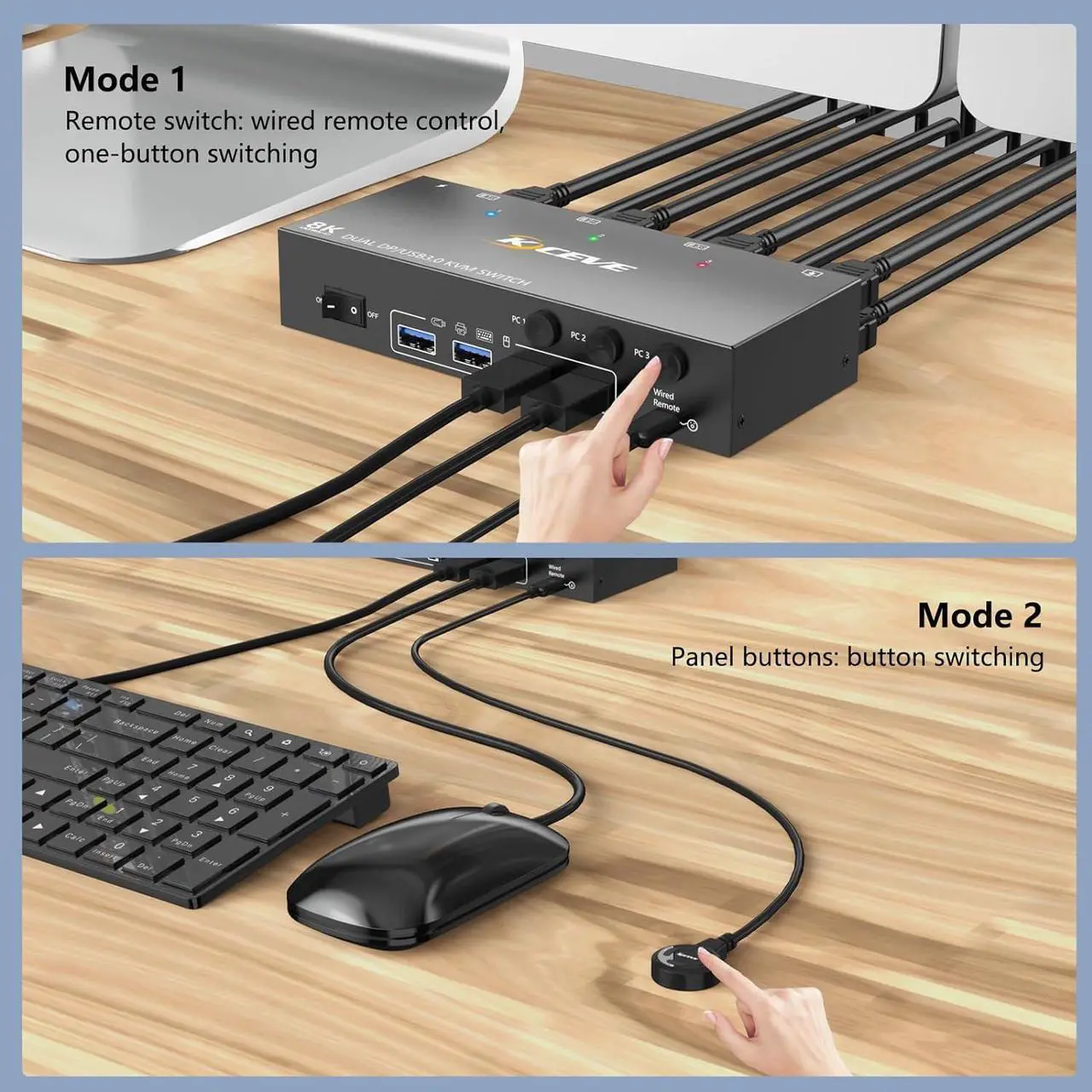Alt view image 7 of 7 - USB 3.0 Displayport KVM Switch 3 PC 2 Monitors 4K@144Hz 8K@30Hz, Dual Monitor KVM Switch 3 in 2 Out with DisplayPort 1.4 and 4 USB 3.0 Ports for 2 PC/Laptops, with DP+USB Cable and Desktop Controller