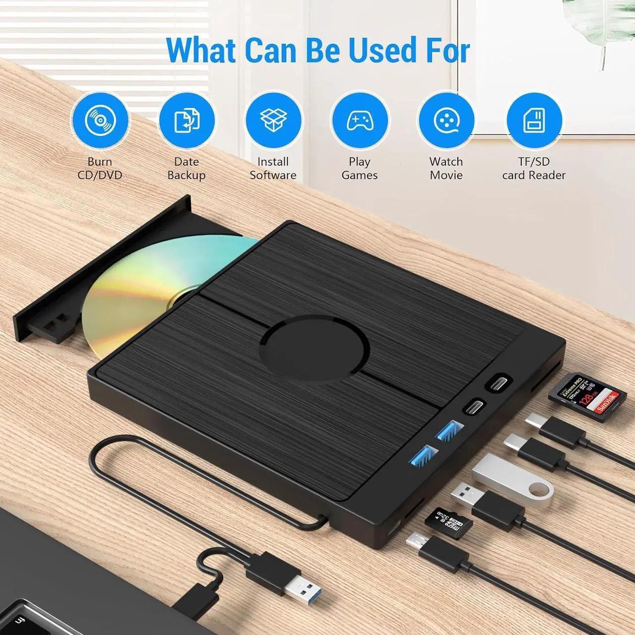 Alt view image 2 of 7 - External Blu Ray CD DVD Drive, [7 in 1] USB 3.0 Type-C 3D Blu-ray DVD Burner Slim Optical External Bluray DVD Burner with SD/TF Card Slot 2 USB 3.0 & 2 Type-C Ports for Laptop PC Windows Linux MacOS