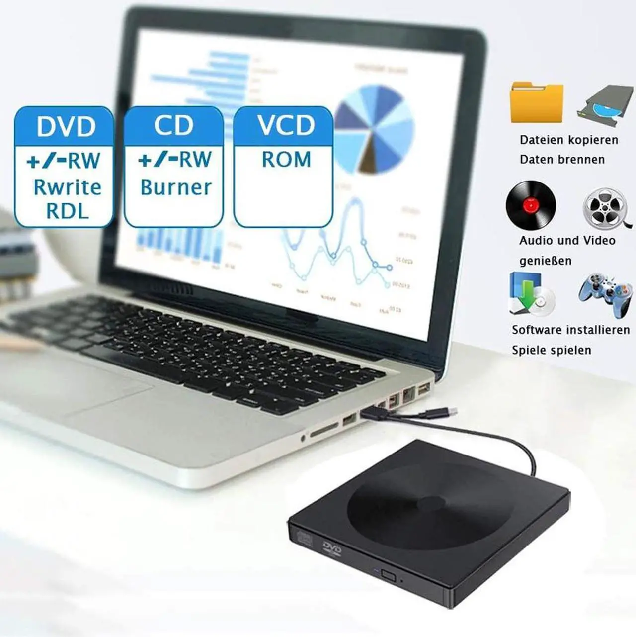 Alt view image 3 of 7 - External DVD CD drive with USB 3.0 and Type-C, TeamTech Portable DVD CD Burner, Plug & Play Superdrive for laptop, desktop, Mac, MacBook, Windows 10/8/7 / XP and Linux (Color: Black)