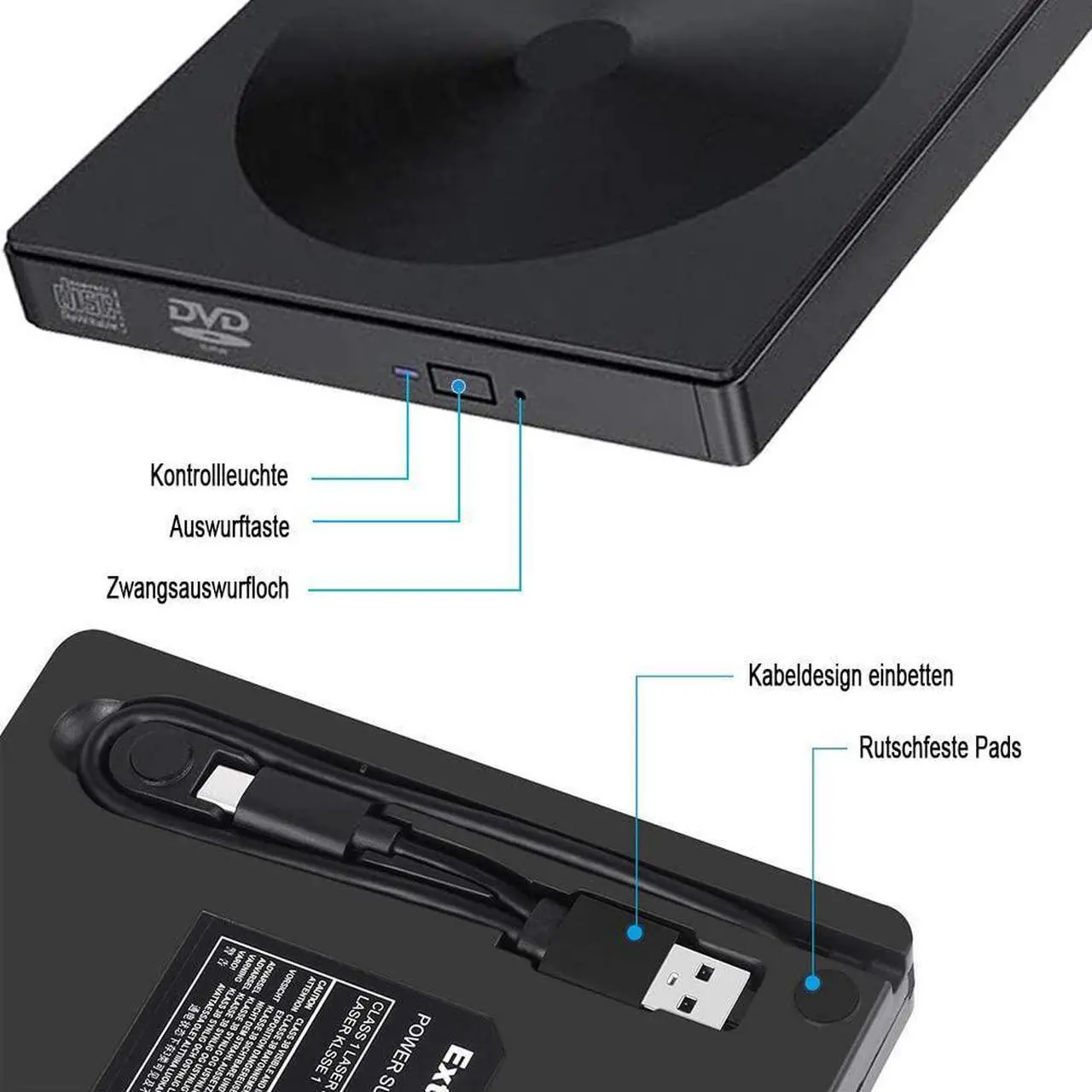 Alt view image 5 of 7 - External DVD CD drive with USB 3.0 and Type-C, TeamTech Portable DVD CD Burner, Plug & Play Superdrive for laptop, desktop, Mac, MacBook, Windows 10/8/7 / XP and Linux (Color: Black)