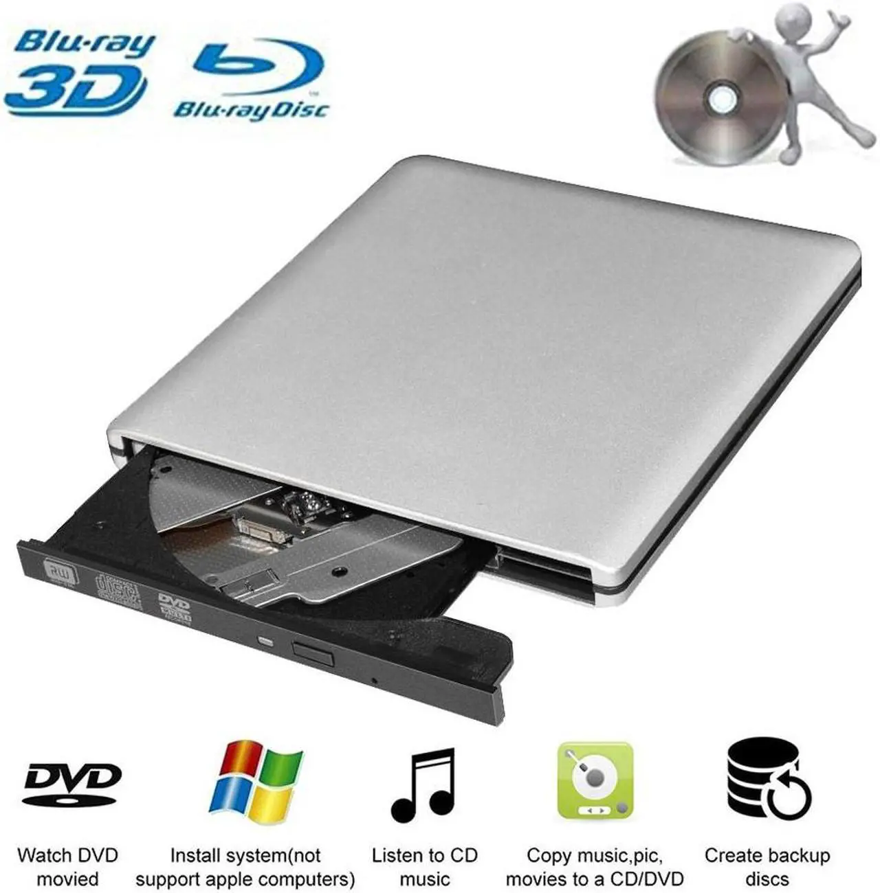Main image of External Blu-Ray DVD Drive USB 3.0 Portable Ultra-Thin 3D CD BD Blu-ray Player/Writer/Burner BD-ROM for Computer PC Desktop Laptop-Does not include tablets (Silver)