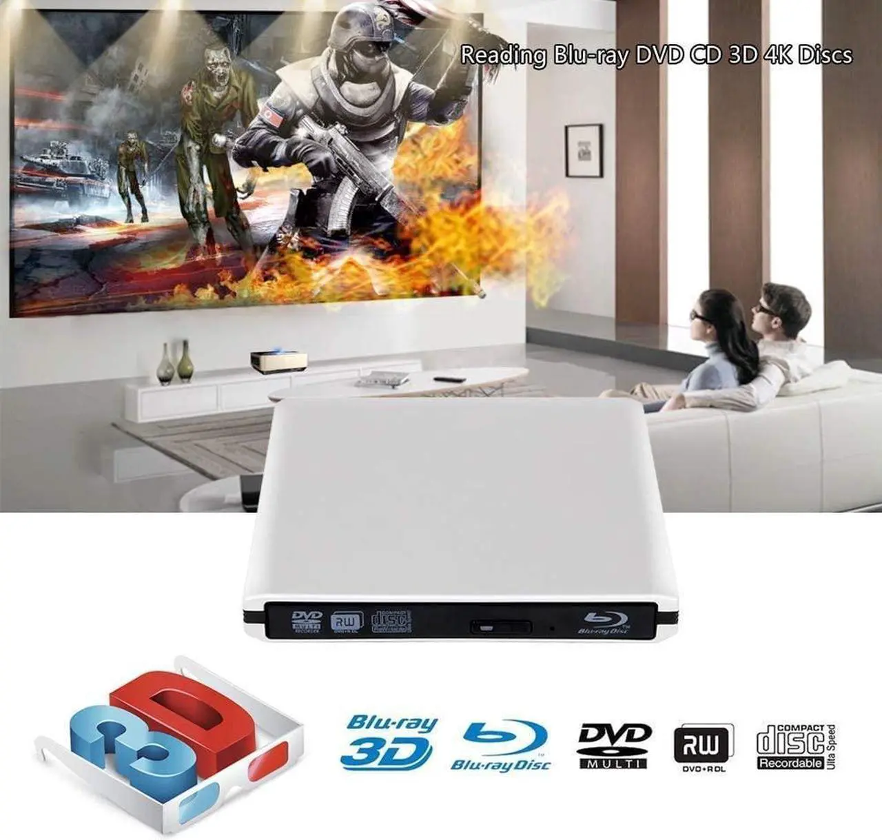 Alt view image 4 of 7 - External Blu-Ray DVD Drive USB 3.0 Portable Ultra-Thin 3D CD BD Blu-ray Player/Writer/Burner BD-ROM for Computer PC Desktop Laptop-Does not include tablets (Silver)