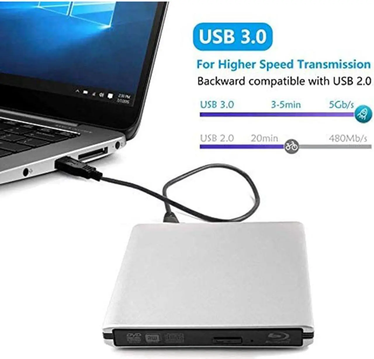 Alt view image 3 of 7 - External Blu-Ray DVD Drive USB 3.0 Portable Ultra-Thin 3D CD BD Blu-ray Player/Writer/Burner BD-ROM for Computer PC Desktop Laptop-Does not include tablets (Silver)