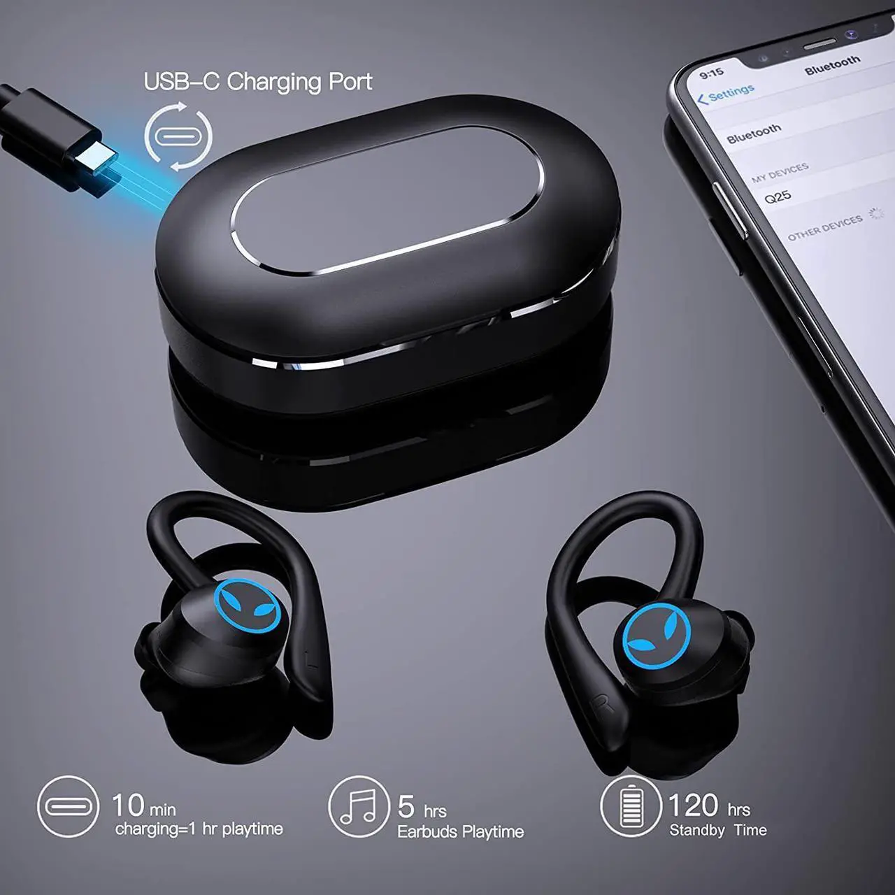 Alt view image 7 of 7 - Ture Wireless Earbuds, Bluetooth 5.1 Sport Headphones with CVC 8.0 Noise Reduction, Deep Stereo Bass, Touch Control, TWS Earphones IP7 Waterproof Bluetooth Headset for Running, Workout, Gym