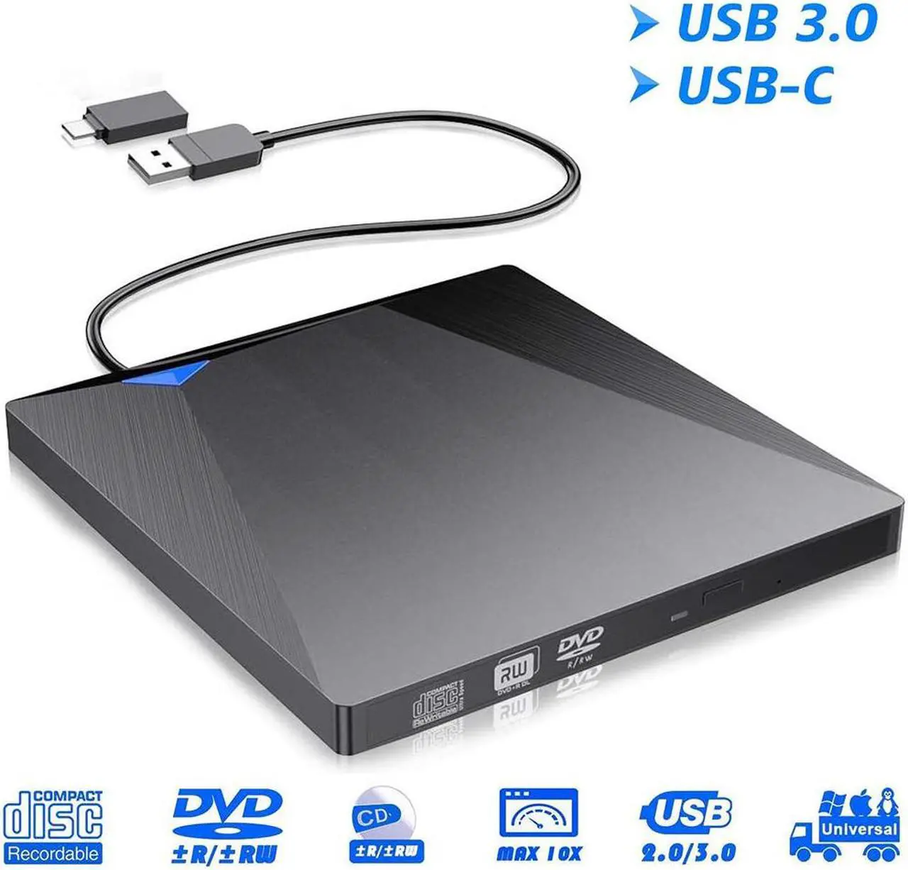 Main image of [New] External CD DVD Drive, VersionTECH. USB 3.0 Type-C Portable Optical Superdrive Burner Player Writer CD DVD +/- RW, Compatible with Windows 10 8 7 XP Vista Mac OS System for Mac Pro Air Laptop