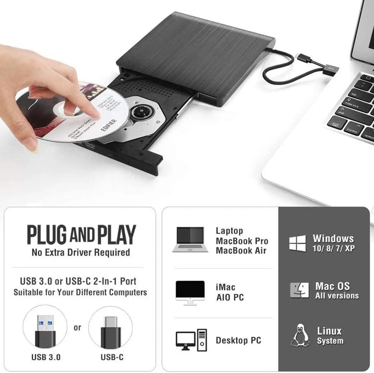 Alt view image 2 of 7 - USB 3.0 & USB-C External CD DVD Drive, Premium Portable CD/DVD +/-RW Drive/Writer/Burner Optical Player, Compatible for Windows 10 Laptop PC, MacBook Pro/Air, iMac, Mac OS (Upgraded Ver.)