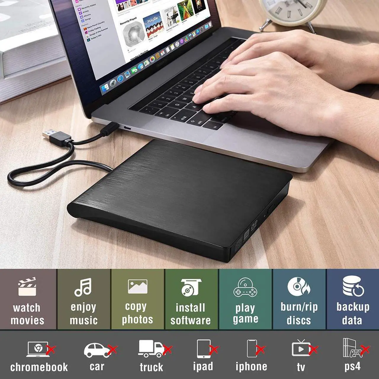 Alt view image 5 of 7 - USB 3.0 & USB-C External CD DVD Drive, Premium Portable CD/DVD +/-RW Drive/Writer/Burner Optical Player, Compatible for Windows 10 Laptop PC, MacBook Pro/Air, iMac, Mac OS (Upgraded Ver.)