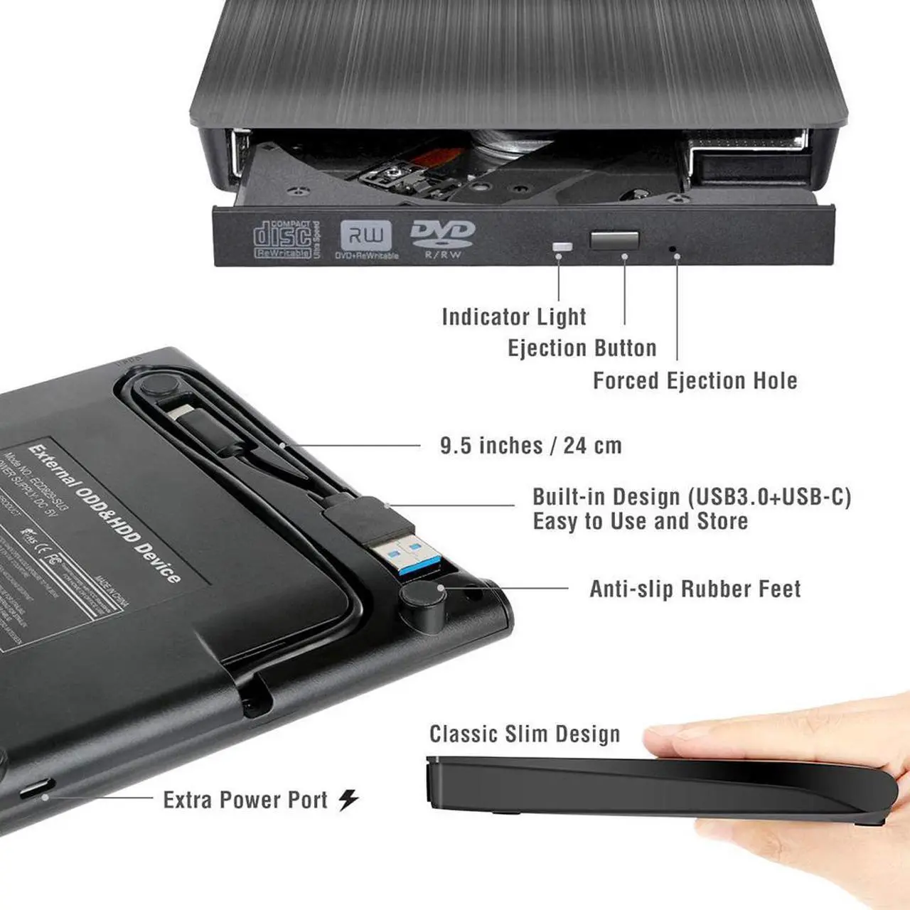 Alt view image 6 of 7 - USB 3.0 & USB-C External CD DVD Drive, Premium Portable CD/DVD +/-RW Drive/Writer/Burner Optical Player, Compatible for Windows 10 Laptop PC, MacBook Pro/Air, iMac, Mac OS (Upgraded Ver.)
