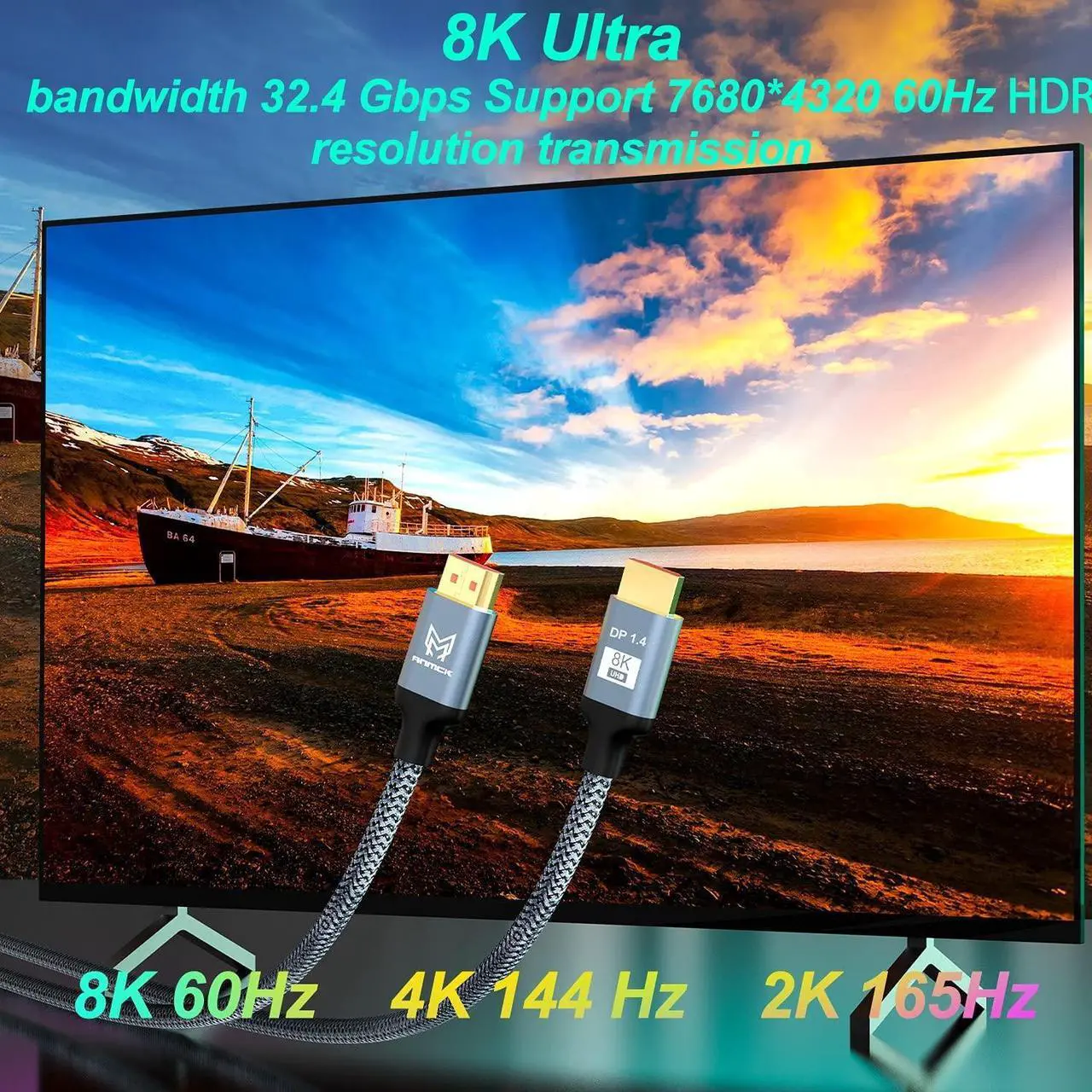 Alt view image 3 of 7 - 8K Displayport Cable 10ft/3M, Bidirectional Steady Transmission DP to DP 1.4 Cable 8K @60Hz,4K@144Hz,2K@240Hz, UHD Nylon Braided Display Port Lead Compatible with Laptop, PC, Gaming Monitor, and More