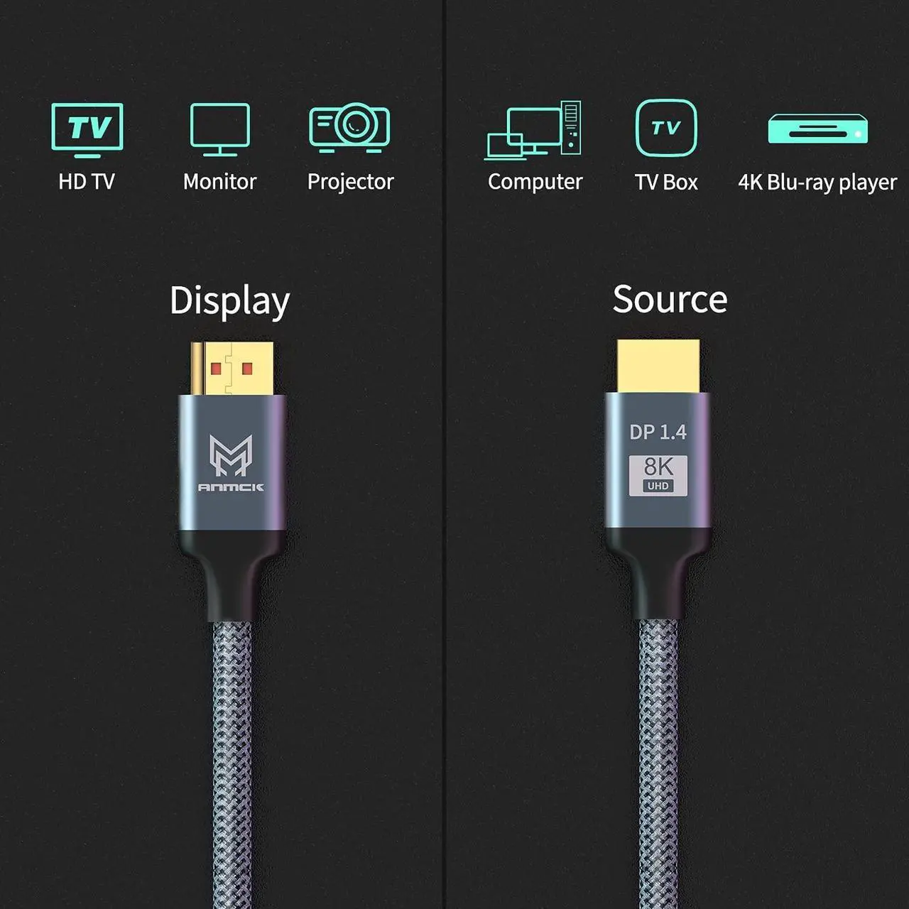 Alt view image 5 of 7 - 8K Displayport Cable 10ft/3M, Bidirectional Steady Transmission DP to DP 1.4 Cable 8K @60Hz,4K@144Hz,2K@240Hz, UHD Nylon Braided Display Port Lead Compatible with Laptop, PC, Gaming Monitor, and More
