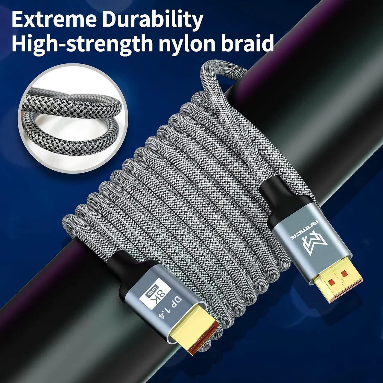 Alt view image 7 of 7 - 8K Displayport Cable 10ft/3M, Bidirectional Steady Transmission DP to DP 1.4 Cable 8K @60Hz,4K@144Hz,2K@240Hz, UHD Nylon Braided Display Port Lead Compatible with Laptop, PC, Gaming Monitor, and More