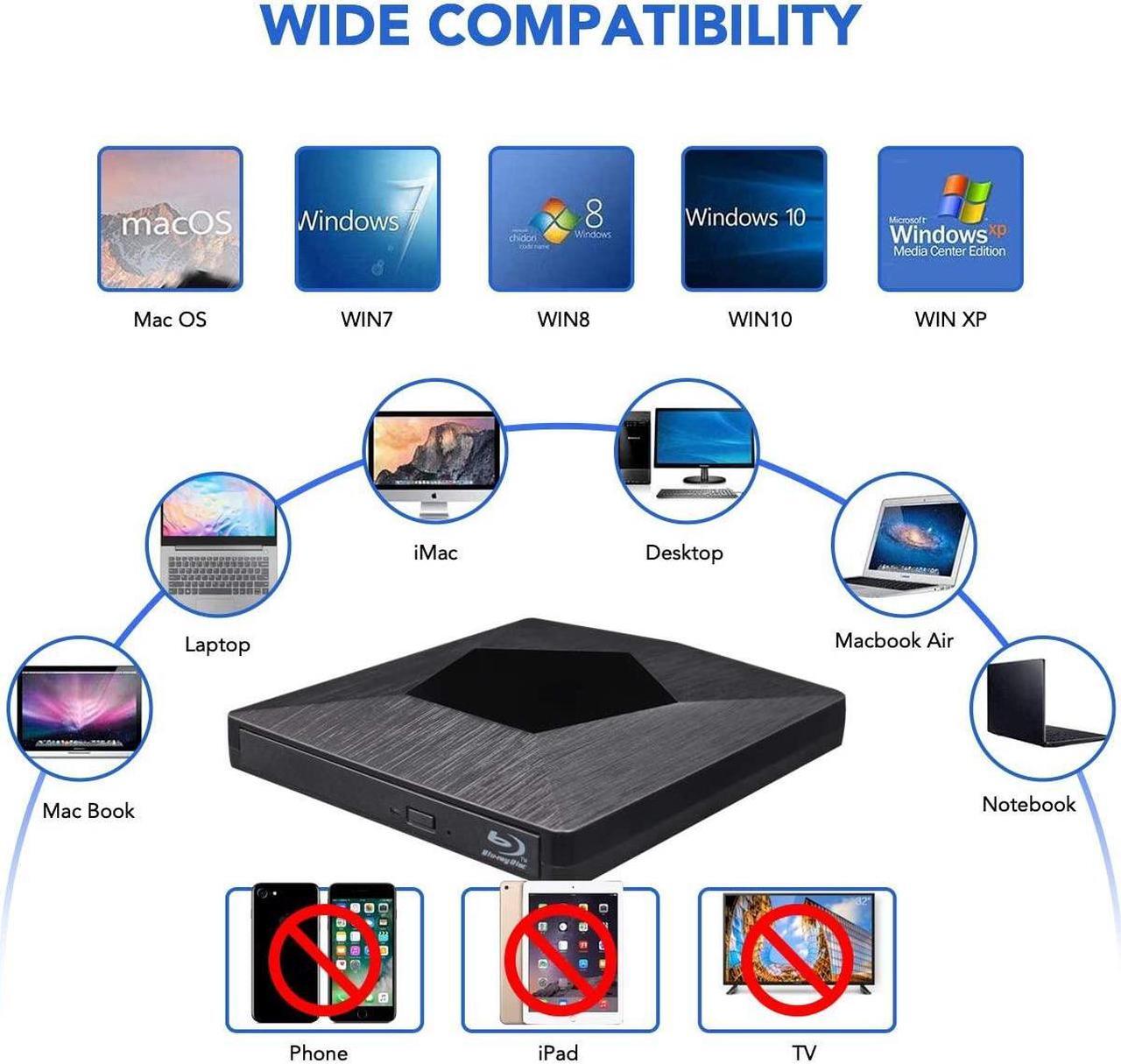 Alt view image 6 of 7 - External Bluray CD/DVD Drive, 3D Blu Ray Burner Reader USB 3.0 and Type-C Blu-Ray Burner Writer Slim BD CD DVD Optical Bluray for Windows XP/7/8/10, MacOS for MacBook, Laptop, Desktop