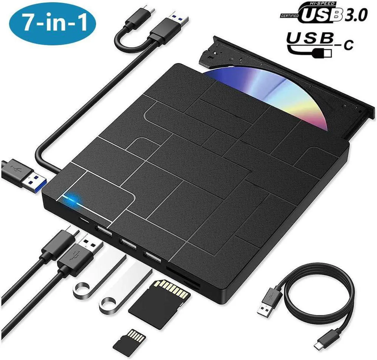 Main image of [Upgraded] [7 in 1] External CD DVD Drive, USB 3.0 Type-C DVD-ROM CD-RW Player Ultra Slim CD Burner with 4 USB Ports SD/TF Card Slots Optical Disk DVD Drive for Laptop Desktop Windows 10/8/7 Linux OS