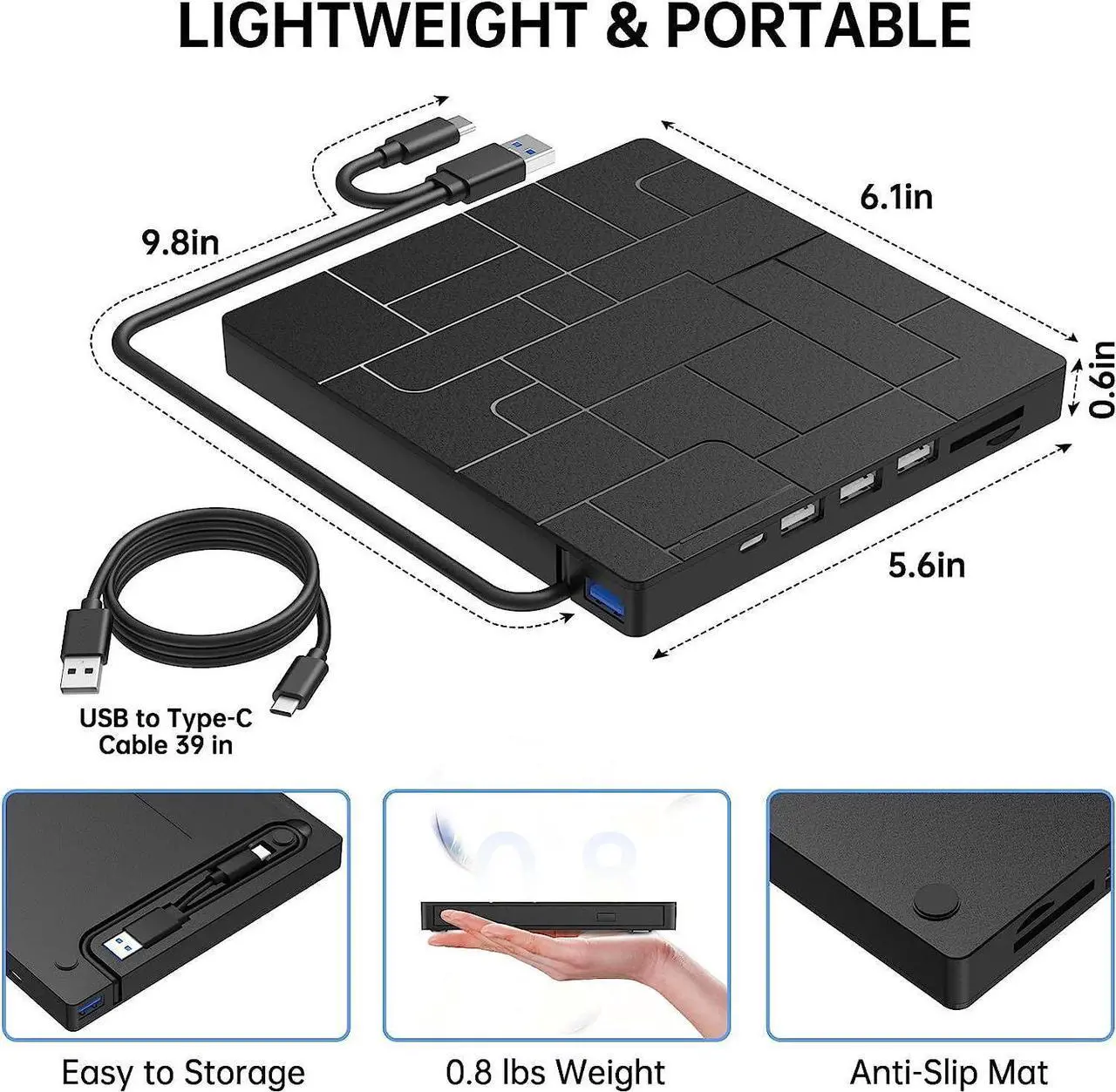 Alt view image 6 of 7 - [Upgraded] [7 in 1] External CD DVD Drive, USB 3.0 Type-C DVD-ROM CD-RW Player Ultra Slim CD Burner with 4 USB Ports SD/TF Card Slots Optical Disk DVD Drive for Laptop Desktop Windows 10/8/7 Linux OS