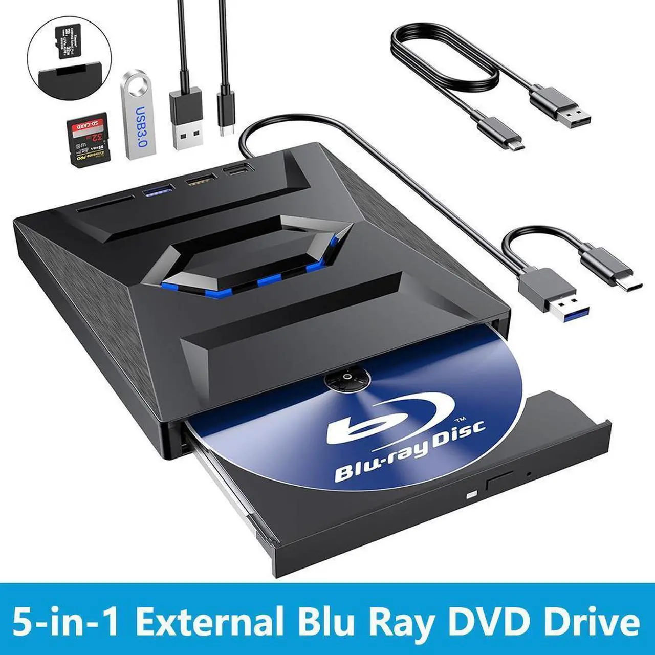 Main image of External Blu Ray Drive, [5 in 1] Portable Bluray Player Writer Reader, CD Burner with USB 3.0 2.0 Type-C Port & SD Card,DVD & CD-ROM +/-RW, External Blu-Ray Drives for PC Laptop Windows Linux MacOS