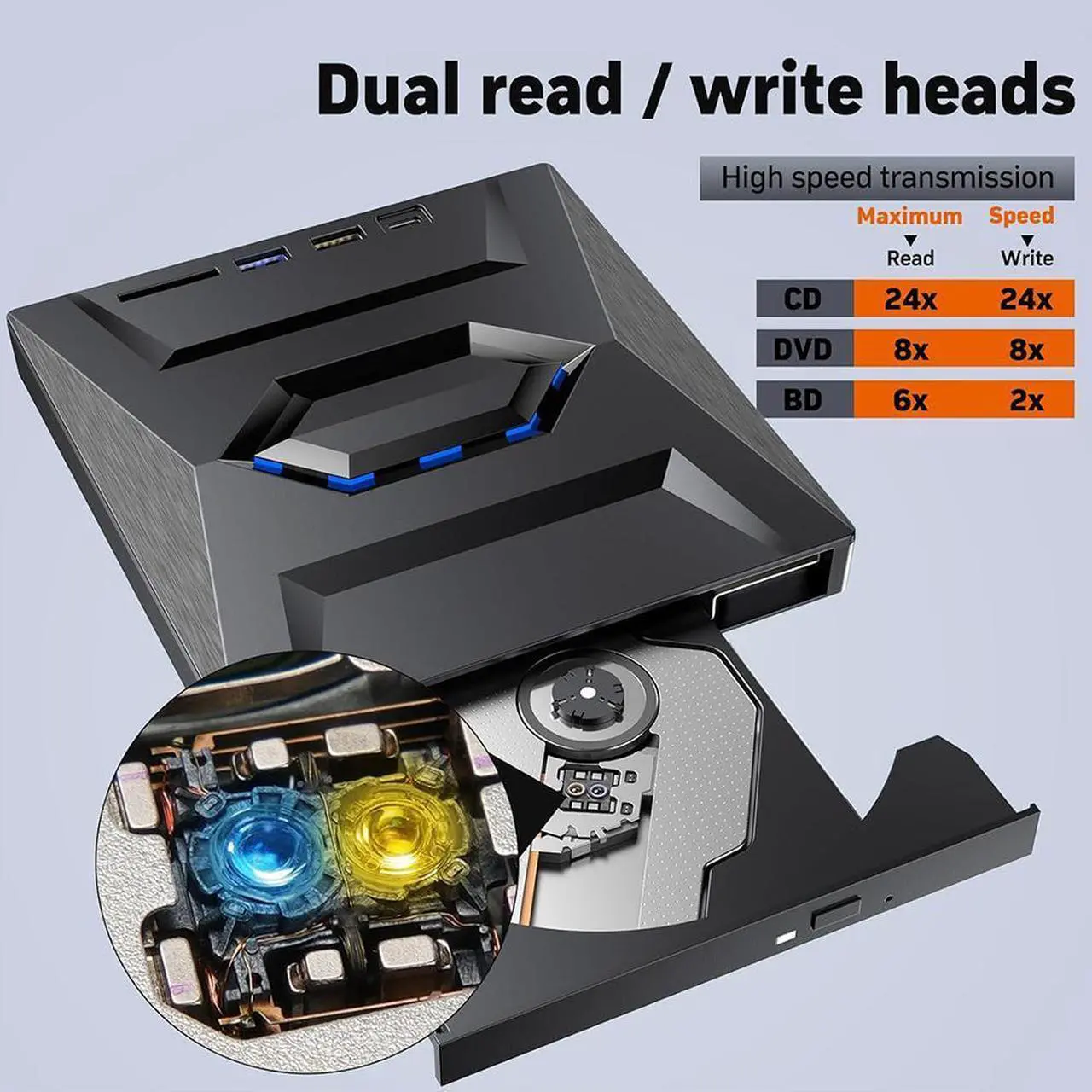 Alt view image 4 of 7 - External Blu Ray Drive, [5 in 1] Portable Bluray Player Writer Reader, CD Burner with USB 3.0 2.0 Type-C Port & SD Card,DVD & CD-ROM +/-RW, External Blu-Ray Drives for PC Laptop Windows Linux MacOS