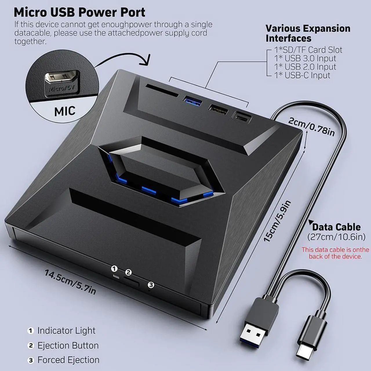 Alt view image 7 of 7 - External Blu Ray Drive, [5 in 1] Portable Bluray Player Writer Reader, CD Burner with USB 3.0 2.0 Type-C Port & SD Card,DVD & CD-ROM +/-RW, External Blu-Ray Drives for PC Laptop Windows Linux MacOS