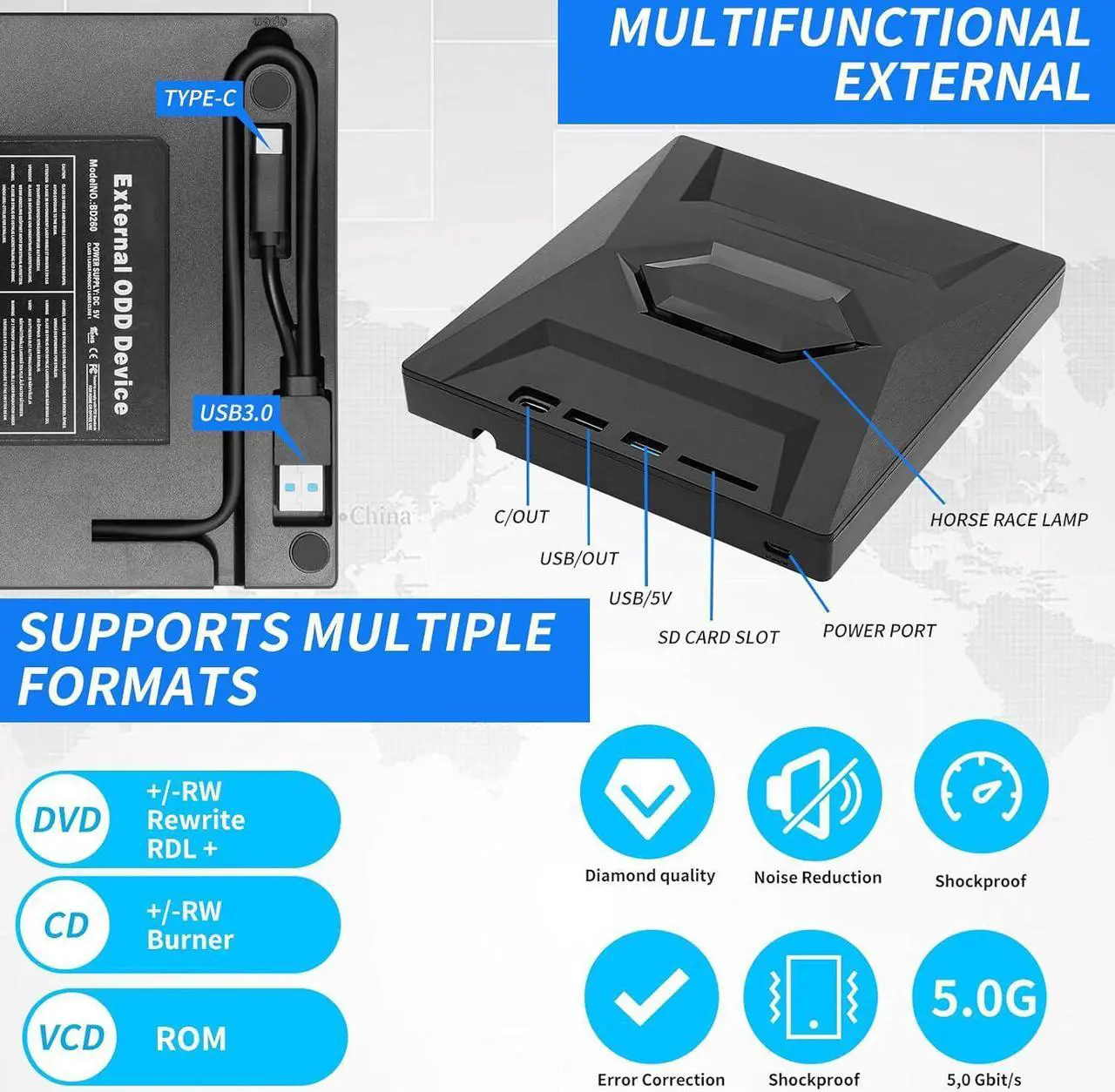 Alt view image 3 of 7 - External Blu Ray Drive, [5 in 1] Portable Bluray Player Writer Reader, CD Burner with USB 3.0 2.0 Type-C Port & SD Card,DVD & CD-ROM +/-RW, External Blu-Ray Drives for PC Laptop Windows Linux MacOS