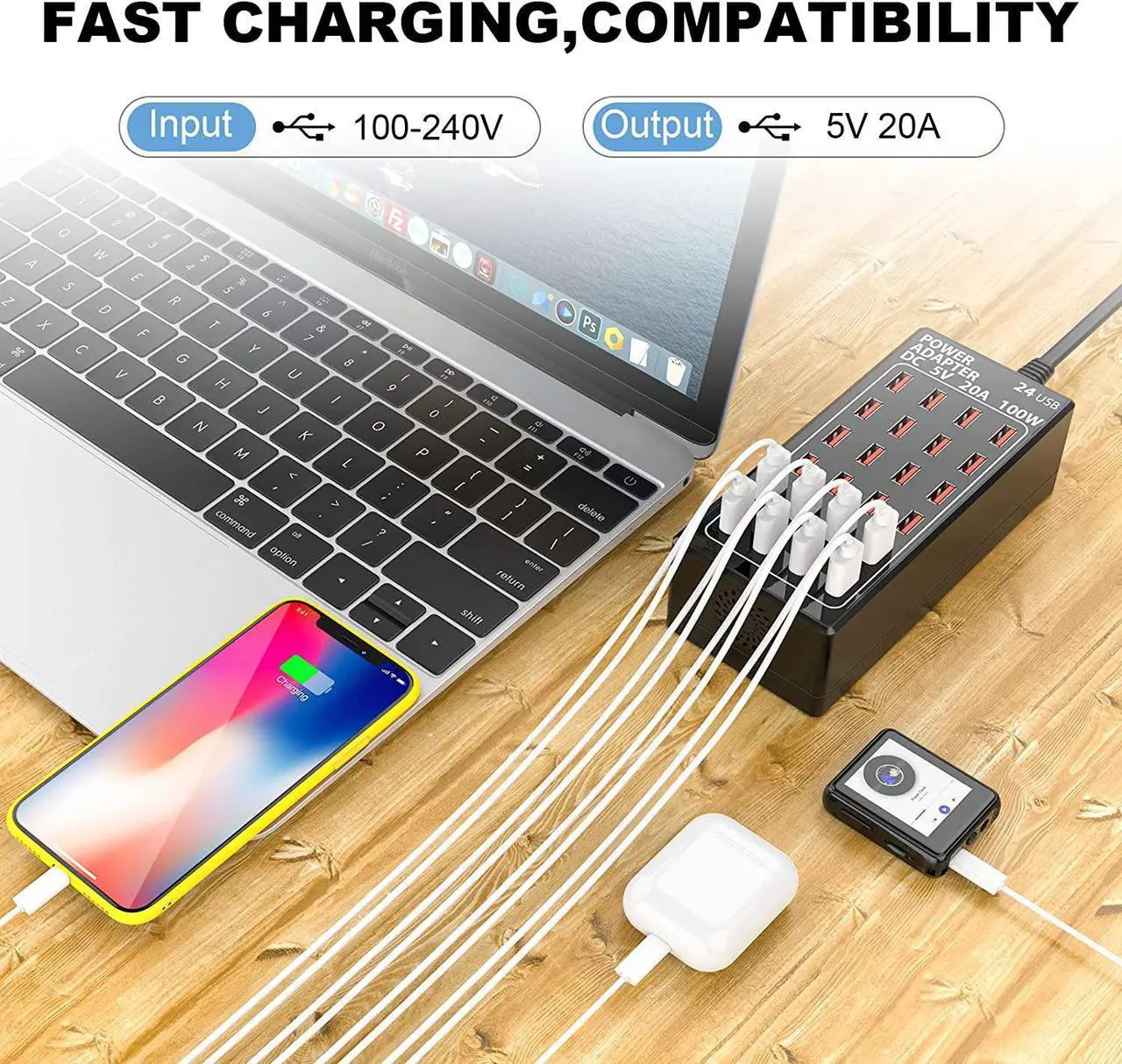 Alt view image 2 of 7 - 24 Ports USB Charging Station, Multiport 100W 24-Port USB Desktop Charging Station USB Charger 24-Ports Element Hub Compatible with iPhone Android All Other USB Enabled Devices