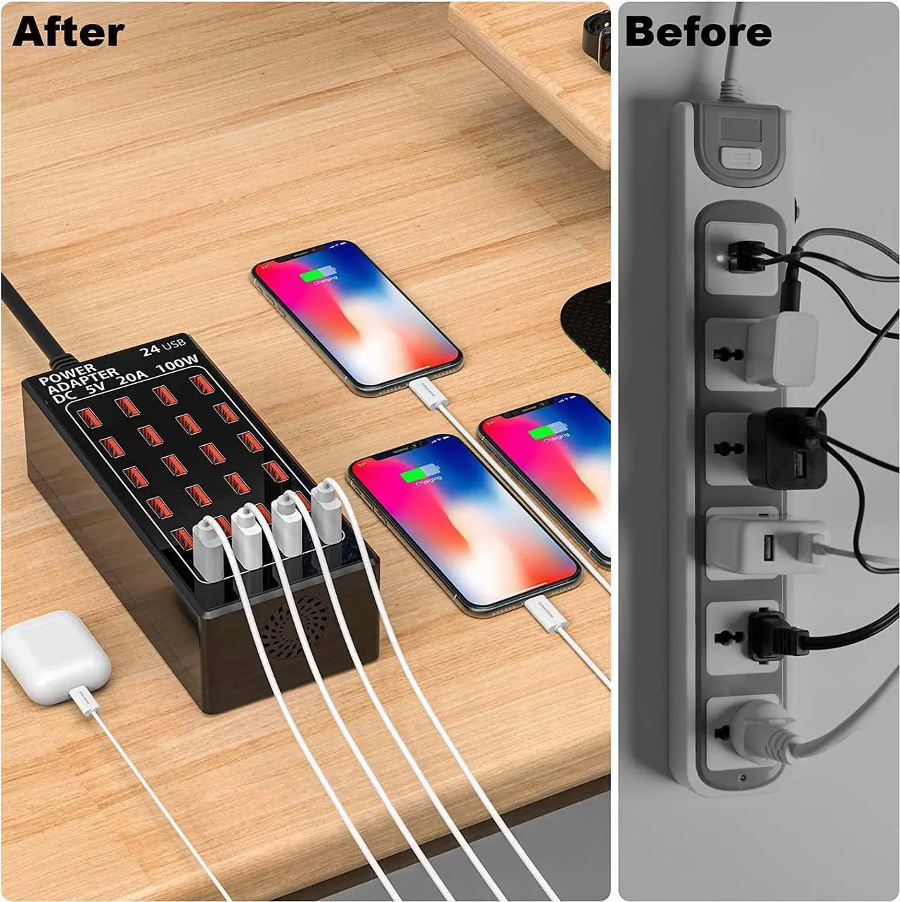 Alt view image 6 of 7 - 24 Ports USB Charging Station, Multiport 100W 24-Port USB Desktop Charging Station USB Charger 24-Ports Element Hub Compatible with iPhone Android All Other USB Enabled Devices