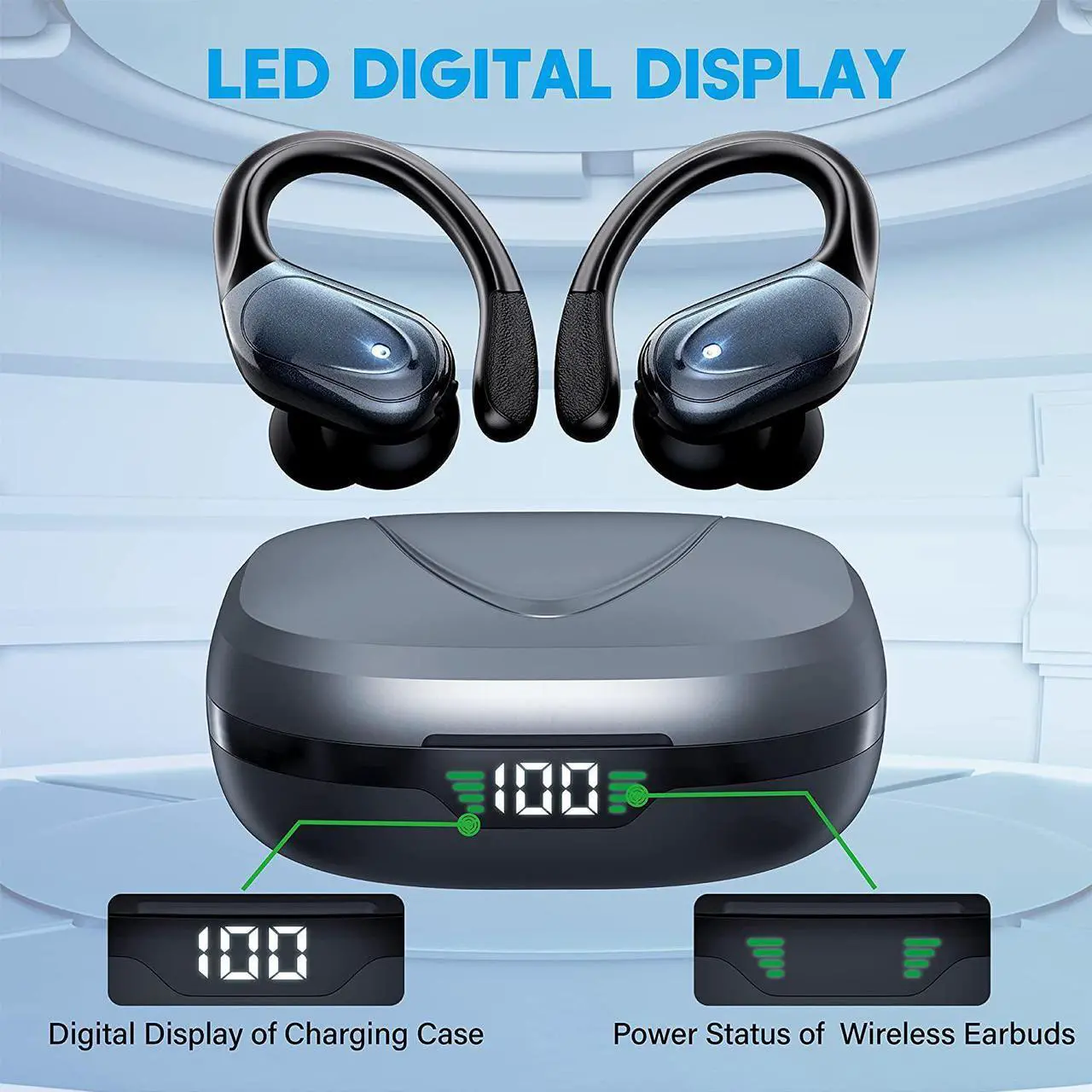 Alt view image 2 of 7 - Ture Wireless Earbuds, in Ear Bluetooth Headphones with Built-in Mic, 75Hrs Playtime Sport Earphones with Digital Display & CVC 8.0, IPX7 Waterproof Over-Ear Headphones for Workout Running Outdoor
