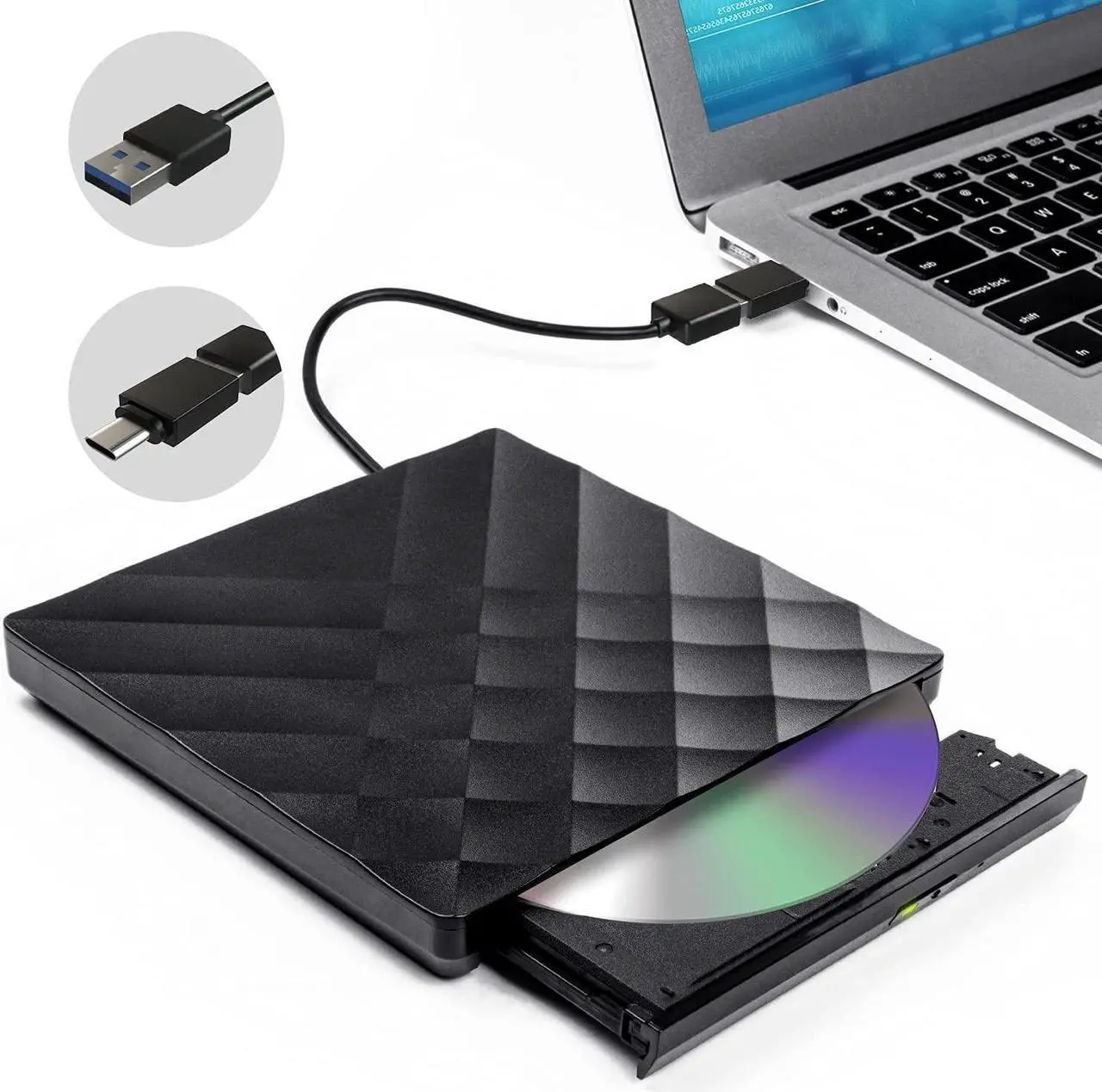 Main image of External DVD Drive USB 3.0 Type-C Portable CD DVD +/-RW Drive for Laptop DVD Player CD ROM Rewriter Burner Compatible with Laptop Desktop PC Windows MacBook Mac Linux Mac OS