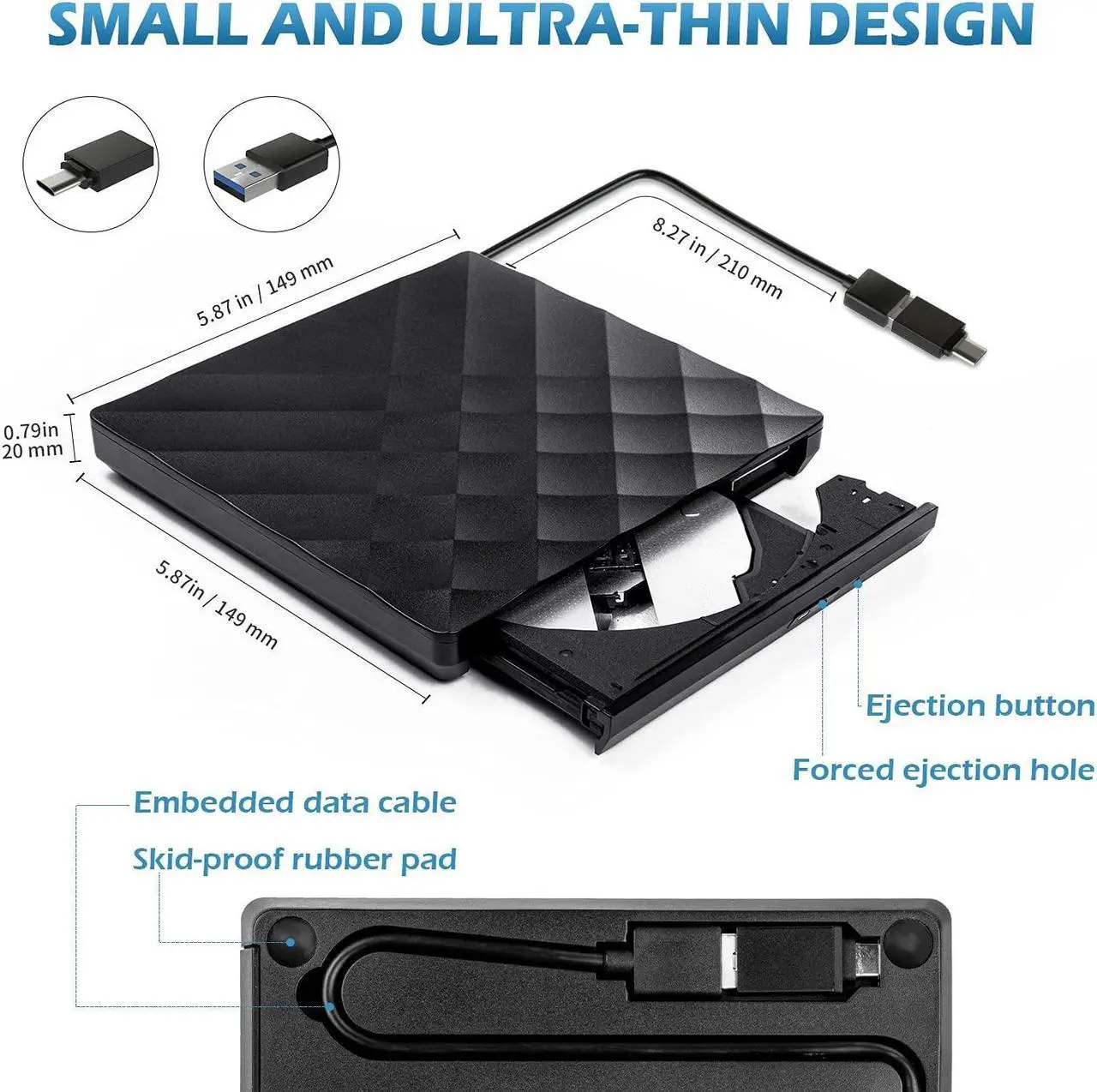 Alt view image 4 of 7 - External DVD Drive USB 3.0 Type-C Portable CD DVD +/-RW Drive for Laptop DVD Player CD ROM Rewriter Burner Compatible with Laptop Desktop PC Windows MacBook Mac Linux Mac OS
