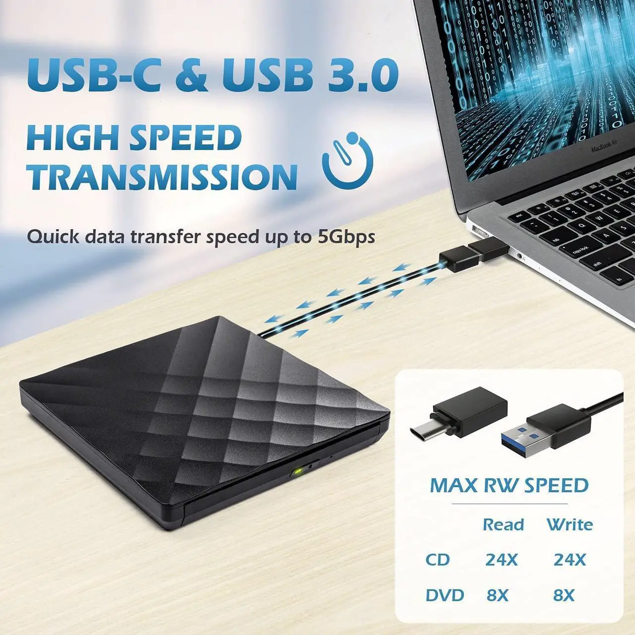 Alt view image 3 of 7 - External DVD Drive USB 3.0 Type-C Portable CD DVD +/-RW Drive for Laptop DVD Player CD ROM Rewriter Burner Compatible with Laptop Desktop PC Windows MacBook Mac Linux Mac OS