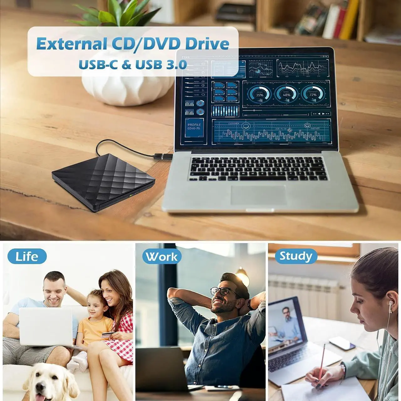 Alt view image 7 of 7 - External DVD Drive USB 3.0 Type-C Portable CD DVD +/-RW Drive for Laptop DVD Player CD ROM Rewriter Burner Compatible with Laptop Desktop PC Windows MacBook Mac Linux Mac OS
