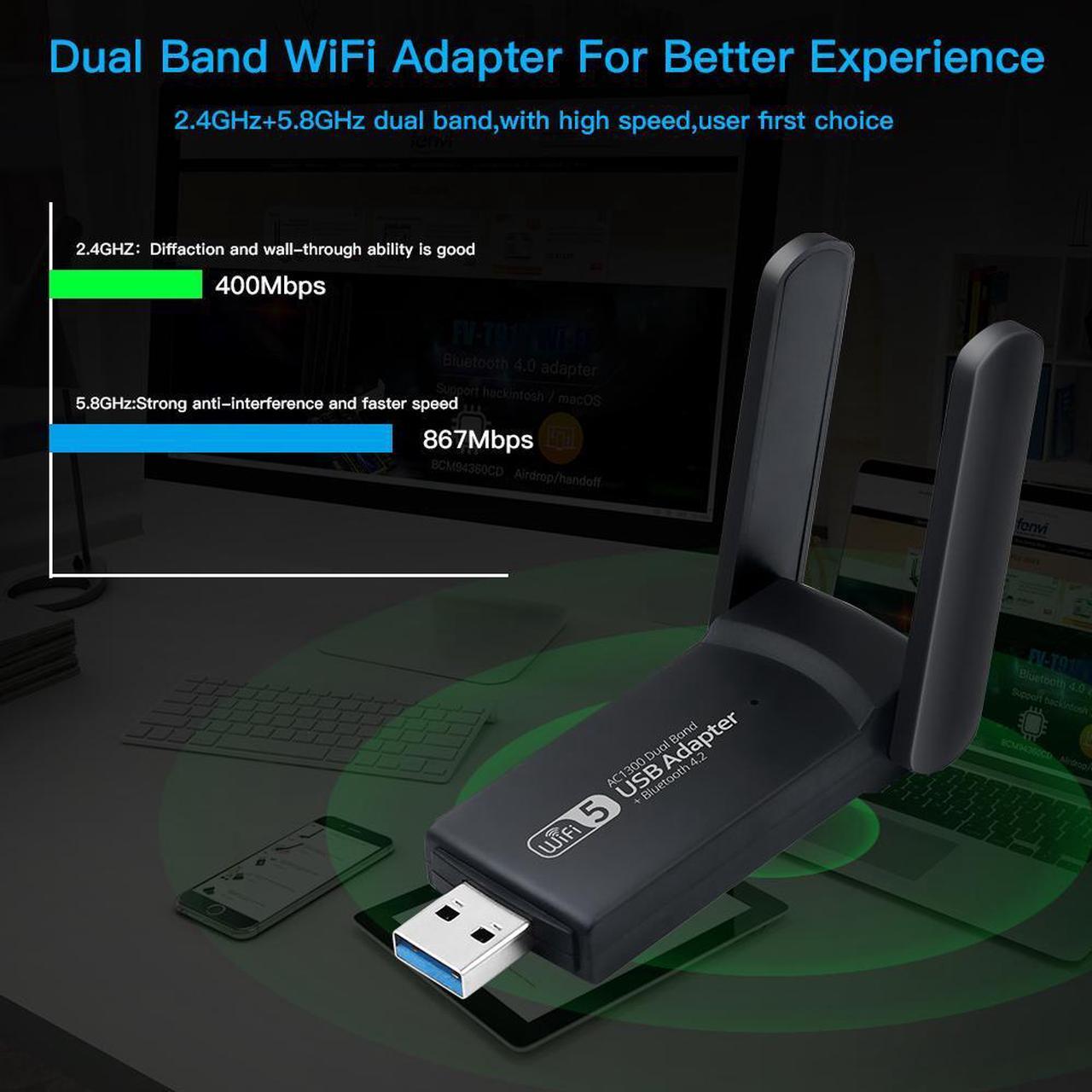 Alt view image 2 of 7 - USB WiFi Bluetooth Adapter 1300Mbps Dual Band 2.4/5Ghz Wireless Network External Receiver Mini USB WiFi Dongle for PC/Laptop/Desktop