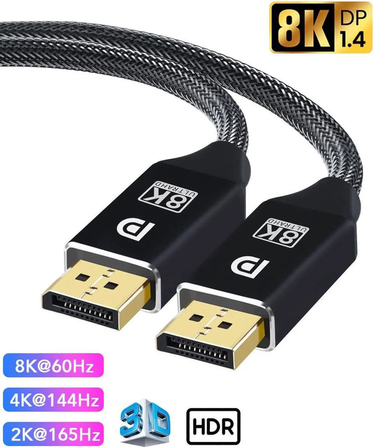 Main image of DP1.4 Cable, 8K DisplayPort Cable 6.6FT (8K@60Hz, 4K@144Hz, 1080P@240Hz) Ultra DP2DP Braided Cord, HBR3 Support 32.4Gbps, Compatible for Gaming Laptop TV PC Computer Monitor, Black 6.6 ft.