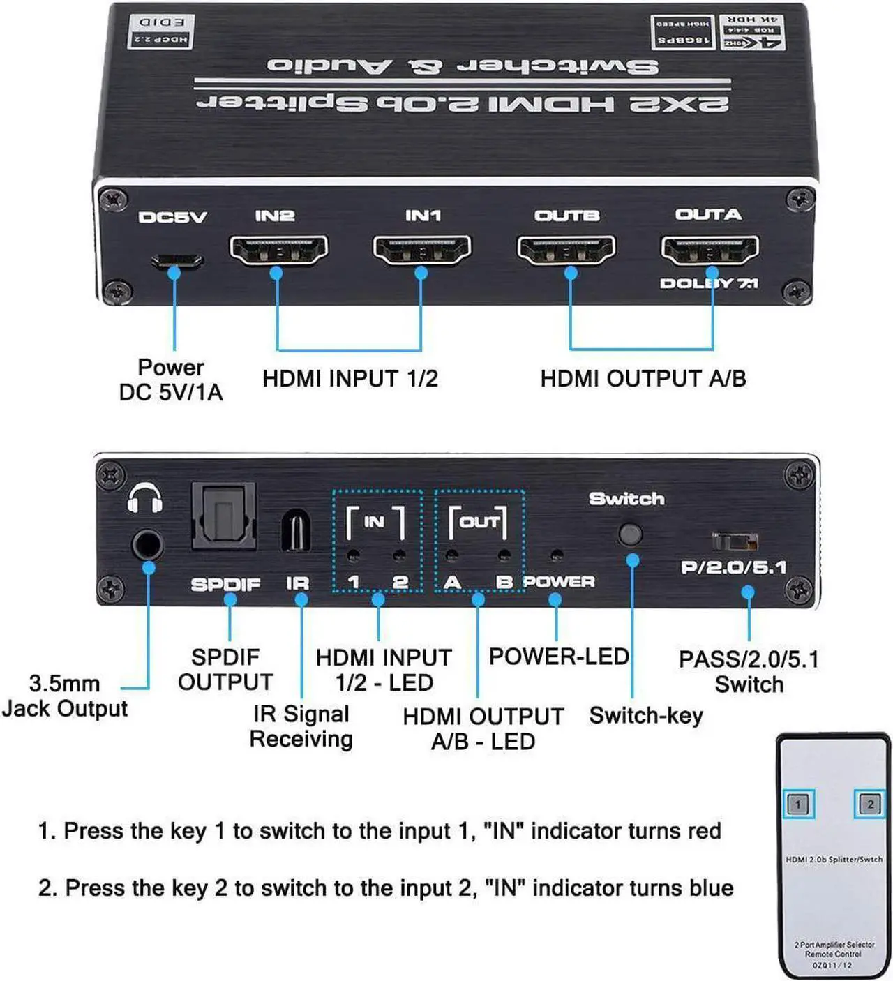 Alt view image 3 of 7 - HDMI Switch 2x2, 2 Ports HDMI Switch Splitter 2 in 2 Out with IR Remote Control, Support HDMI 2.0, HDCP 2.2, Ultra HD, 4K x 2K@60Hz, 3D, 1080P (Dual Monitors Duplicate/ Mirror Only)
