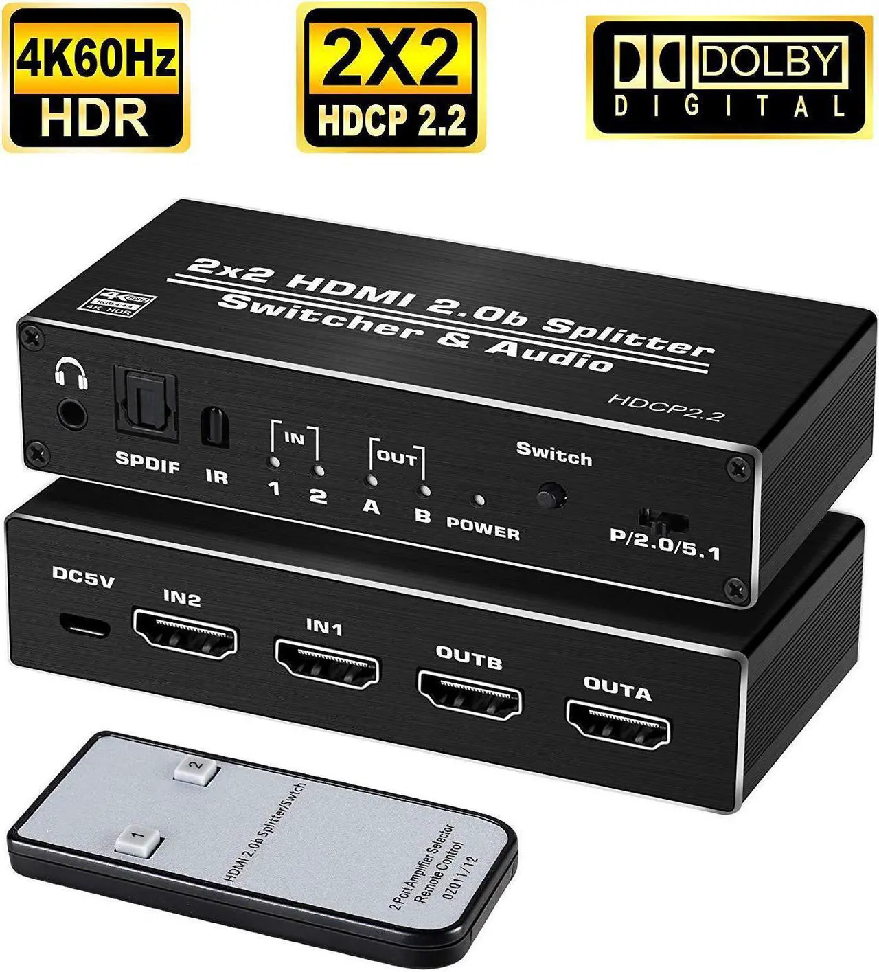 Main image of HDMI Switch 2x2, 2 Ports HDMI Switch Splitter 2 in 2 Out with IR Remote Control, Support HDMI 2.0, HDCP 2.2, Ultra HD, 4K x 2K@60Hz, 3D, 1080P (Dual Monitors Duplicate/ Mirror Only)