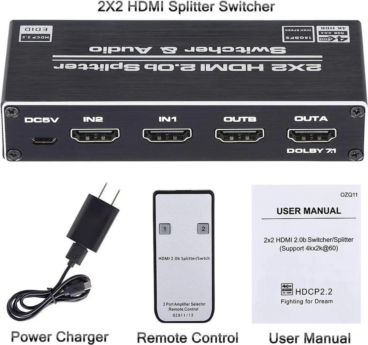 Alt view image 7 of 7 - HDMI Switch 2x2, 2 Ports HDMI Switch Splitter 2 in 2 Out with IR Remote Control, Support HDMI 2.0, HDCP 2.2, Ultra HD, 4K x 2K@60Hz, 3D, 1080P (Dual Monitors Duplicate/ Mirror Only)