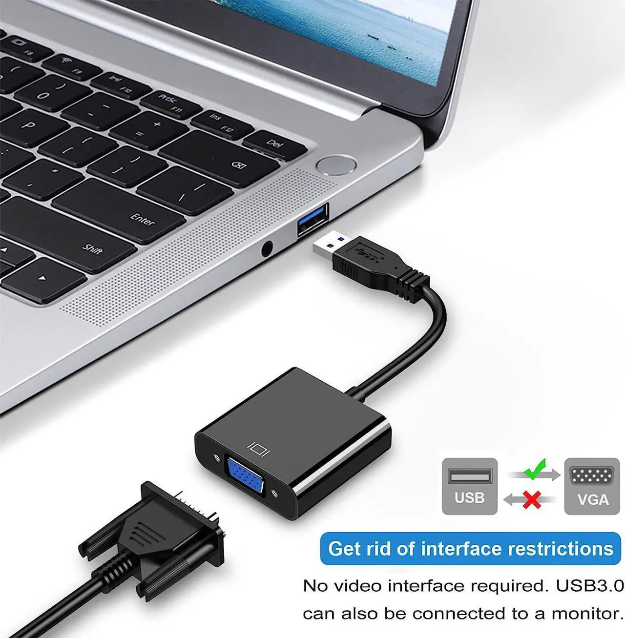 Alt view image 2 of 7 - USB to VGA Adapter for Monitor MacBook, VGA to USB 3.0/2.0 Converter 1080P Multi-Display Video Cable for Laptop Desktop PC to Monitors, Projector, TV. (Not Support Chromebook)