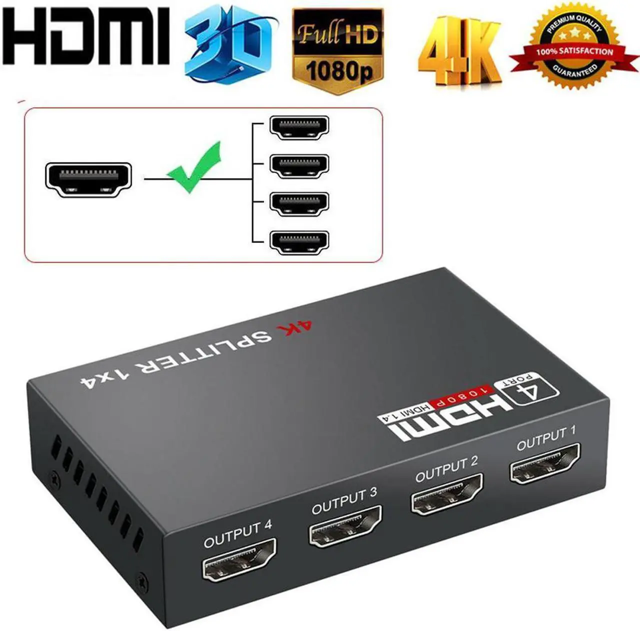 Main image of 4K HDMI Splitter, 1 In 4 Out HDMI-compatible Splitter 1 x 4 HD-MI 1.4 Converter Amplifier HDCP 4K 1080P Dual Display, for HDTV DVD PS3 Xbox