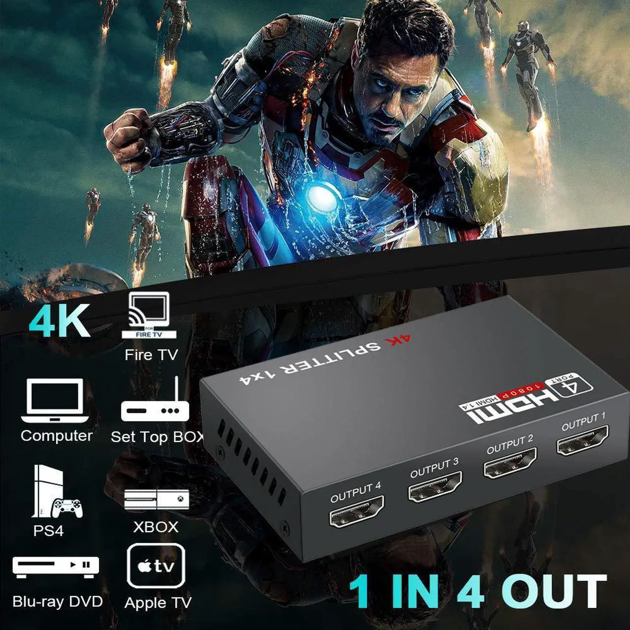 Alt view image 6 of 7 - 4K HDMI Splitter, 1 In 4 Out HDMI-compatible Splitter 1 x 4 HD-MI 1.4 Converter Amplifier HDCP 4K 1080P Dual Display, for HDTV DVD PS3 Xbox