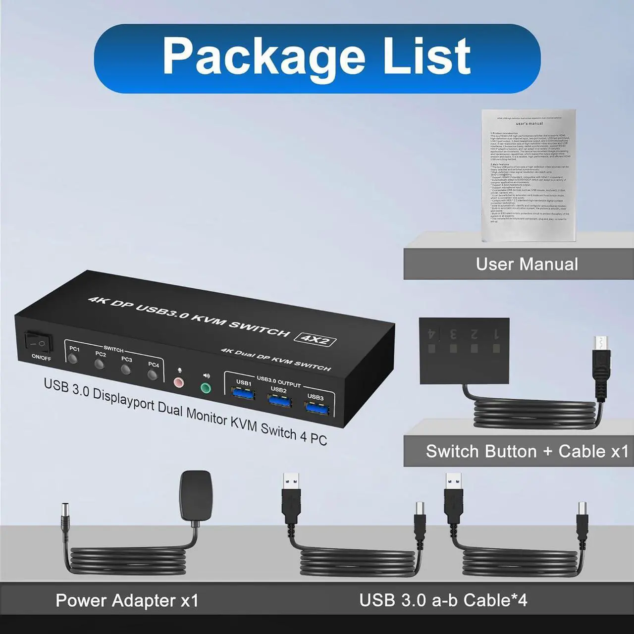 Alt view image 7 of 7 - USB 3.0 Displayport KVM Switch 2 Monitors 4 Computers 4K 60Hz, Dual Monitor Displayport KVM Switch 4 Port with Audio Microphone Output and 3 USB 3.0 Ports, Display Port KVM Switch 4 in 2 Out
