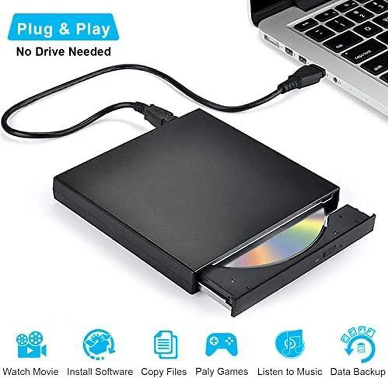 Main image of External CD DVD Optical Drive, USB 2.0 Slim Protable External CD-RW Drive DVD-RW Burner Writer Player for Laptop Notebook PC Desktop Computer (Black, USB 2.0)