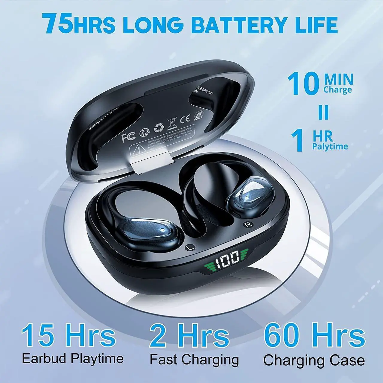 Alt view image 4 of 7 - Ture Wireless Earbuds, 75Hrs Playtime Bluetooth 5.1 Headphones, True Wireless Earphones with Digital Display & CVC 8.0 Noise Cancelling, Waterproof Headset with Mic for Sports, Running, Workout