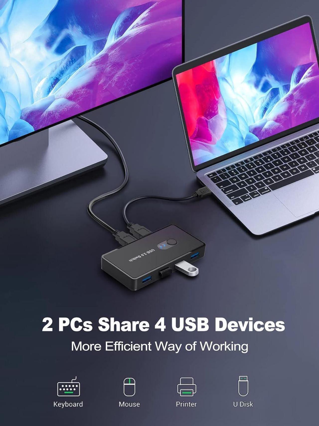 Alt view image 2 of 6 - USB 3.0 Switch 2 in 4 Out, USB Switcher Selector 2 Computers Sharing 4 USB 3.0 Ports, KM Switcher Box with 2 Pack USB Cable for PC, Printer, Scanner, Mouse, Keyboard, Compatible with Mac/Windows/Linux