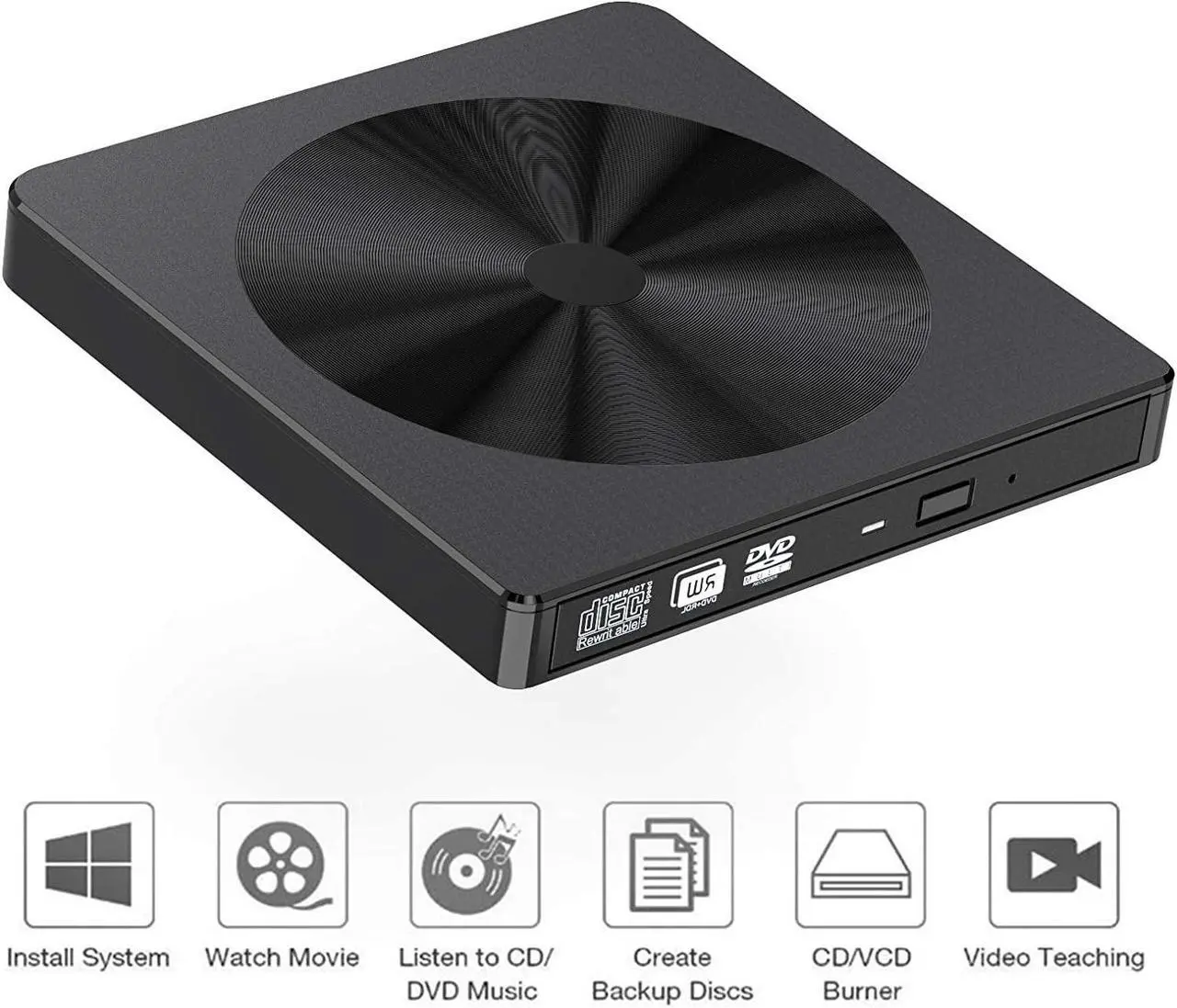 Alt view image 2 of 7 - External CD DVD Drive, USB 3.0 USB C Type-C Portable CD/DVD+/-RW Drive/DVD Disc Player for Laptop Slim CD ROM Burner Compatible with Mac Laptop Desktop PC Windows XP/2003/Vista/7/8/10 Linux OS (BLACK)