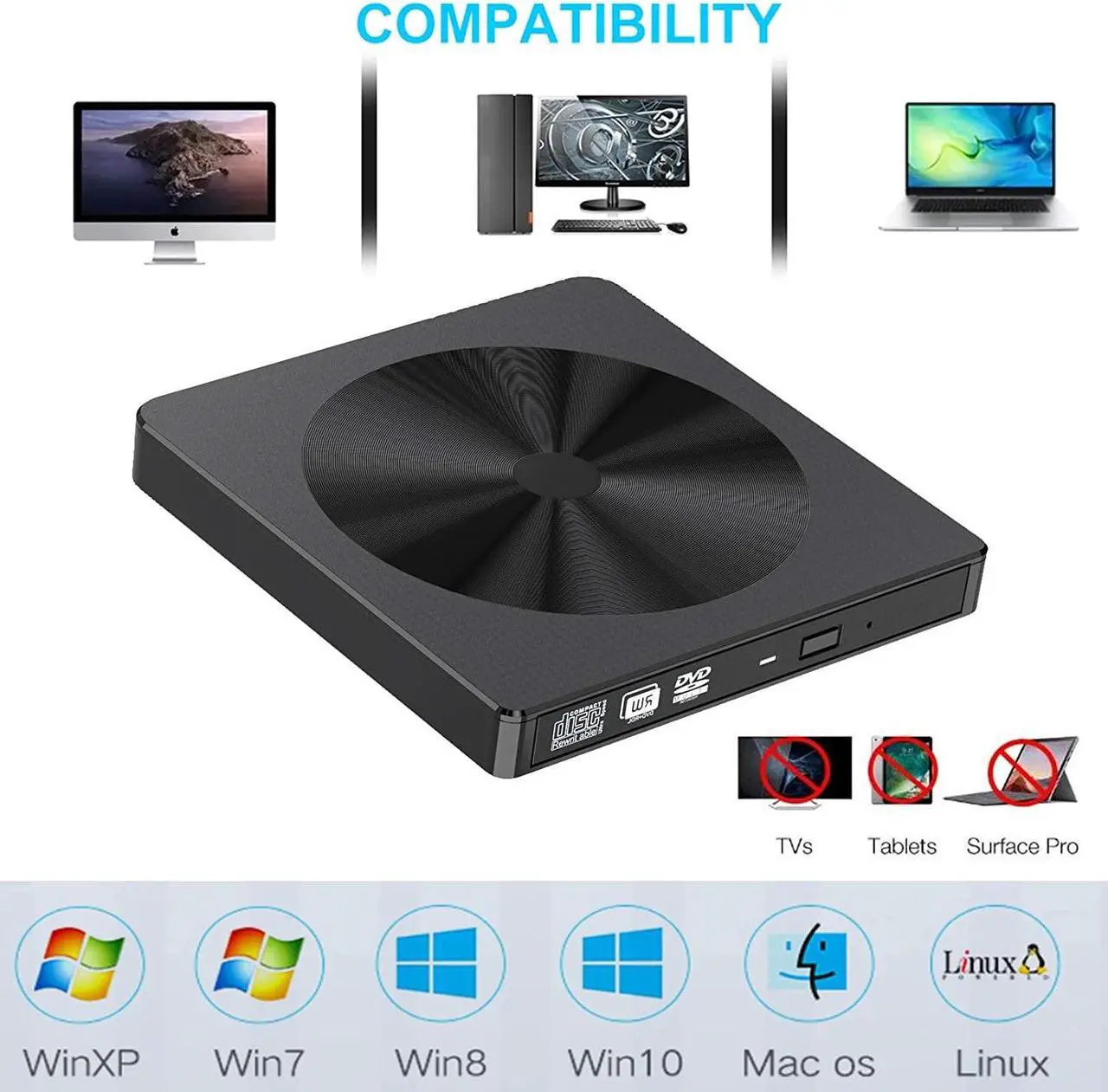 Alt view image 3 of 7 - External CD DVD Drive, USB 3.0 USB C Type-C Portable CD/DVD+/-RW Drive/DVD Disc Player for Laptop Slim CD ROM Burner Compatible with Mac Laptop Desktop PC Windows XP/2003/Vista/7/8/10 Linux OS (BLACK)