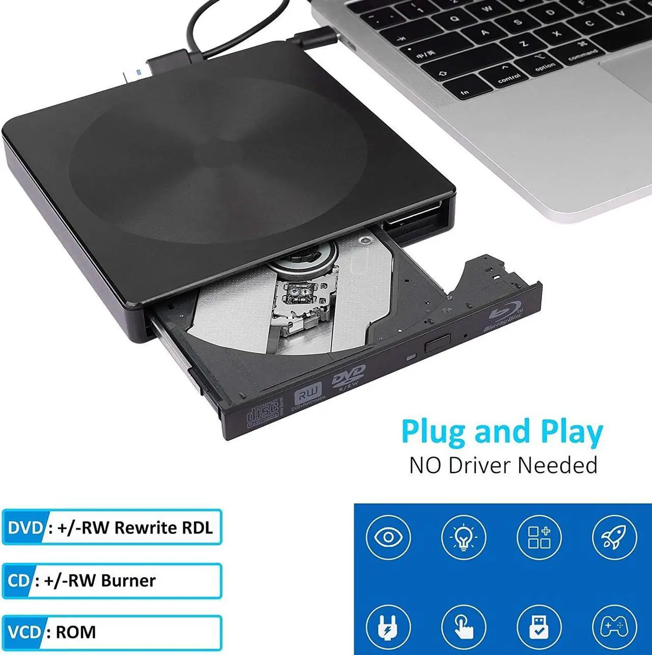 Alt view image 4 of 7 - External CD DVD Drive, USB 3.0 USB C Type-C Portable CD/DVD+/-RW Drive/DVD Disc Player for Laptop Slim CD ROM Burner Compatible with Mac Laptop Desktop PC Windows XP/2003/Vista/7/8/10 Linux OS (BLACK)