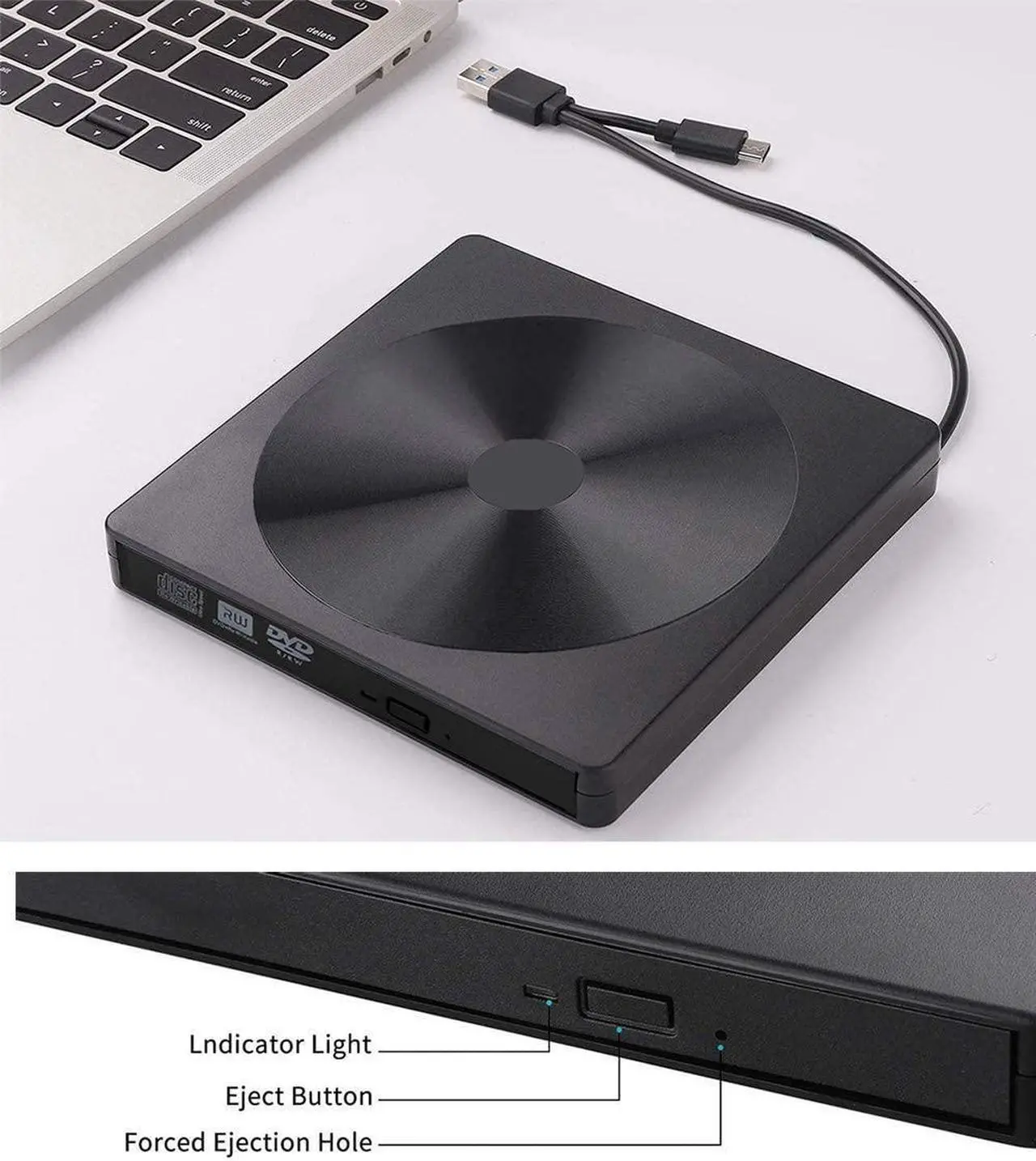 Alt view image 7 of 7 - External CD DVD Drive, USB 3.0 USB C Type-C Portable CD/DVD+/-RW Drive/DVD Disc Player for Laptop Slim CD ROM Burner Compatible with Mac Laptop Desktop PC Windows XP/2003/Vista/7/8/10 Linux OS (BLACK)