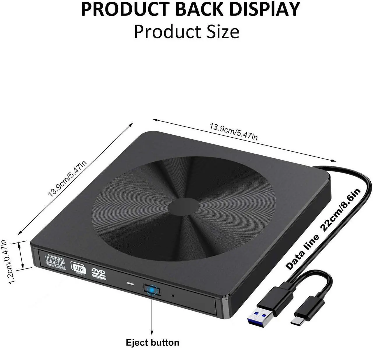 Alt view image 5 of 7 - External CD DVD Drive, USB 3.0 USB C Type-C Portable CD/DVD+/-RW Drive/DVD Disc Player for Laptop Slim CD ROM Burner Compatible with Mac Laptop Desktop PC Windows XP/2003/Vista/7/8/10 Linux OS (BLACK)