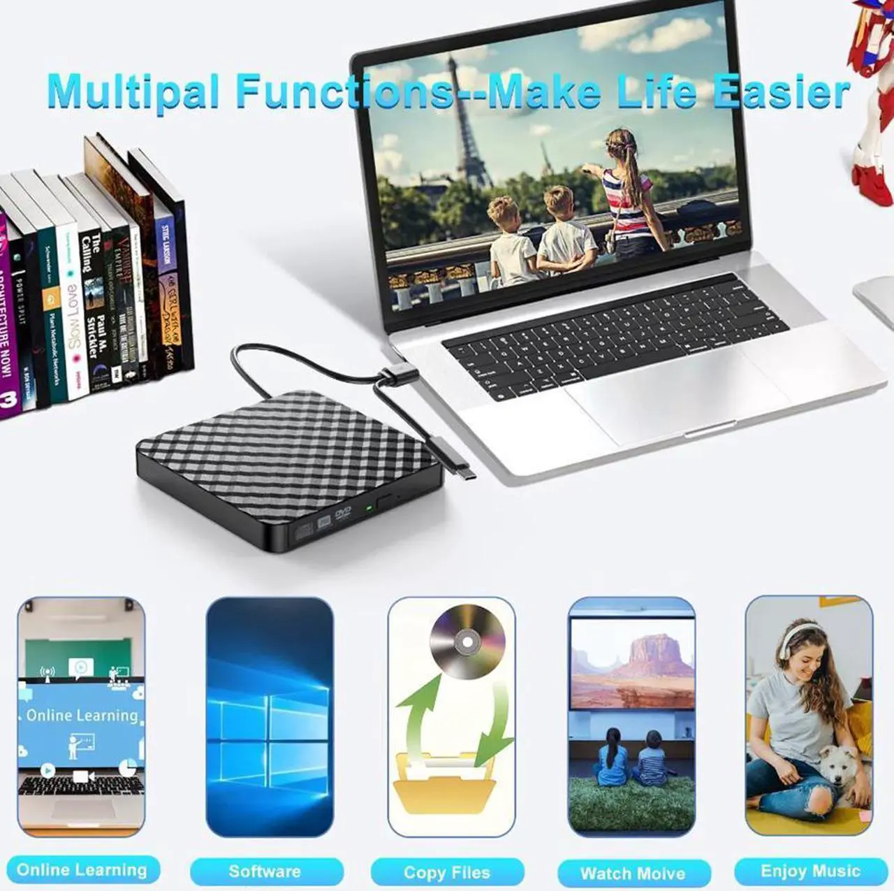 Alt view image 2 of 7 - 2023 New External CD DVD Drive, USB 3.0 & Type-C Portable CD ROM DVD +/-RW Optical Drive External CD/DVD Burner Player for Laptop, Desktop, MacOS, Windows 10/8/7 /XP/Linux (Black)