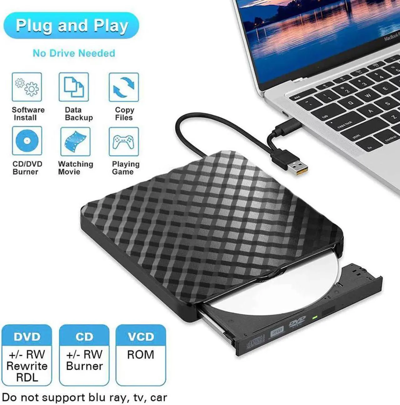 Alt view image 3 of 7 - 2023 New External CD DVD Drive, USB 3.0 & Type-C Portable CD ROM DVD +/-RW Optical Drive External CD/DVD Burner Player for Laptop, Desktop, MacOS, Windows 10/8/7 /XP/Linux (Black)