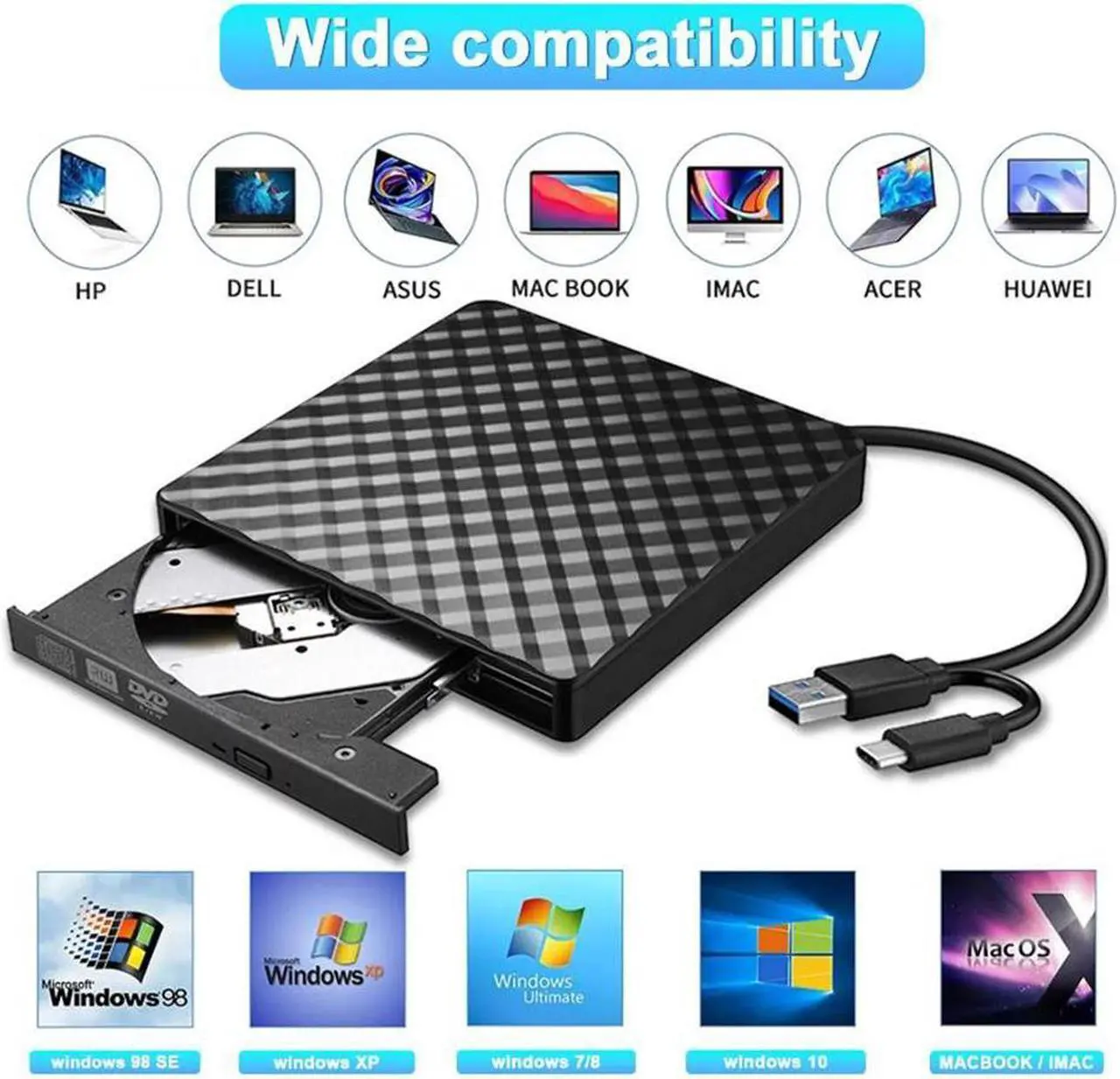 Alt view image 4 of 7 - 2023 New External CD DVD Drive, USB 3.0 & Type-C Portable CD ROM DVD +/-RW Optical Drive External CD/DVD Burner Player for Laptop, Desktop, MacOS, Windows 10/8/7 /XP/Linux (Black)