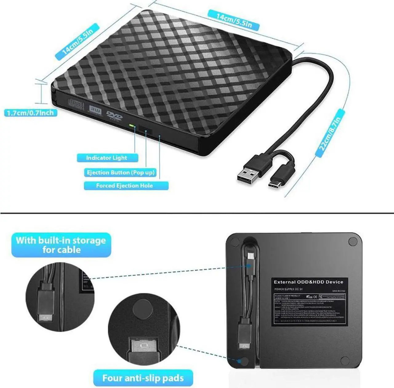Alt view image 5 of 7 - 2023 New External CD DVD Drive, USB 3.0 & Type-C Portable CD ROM DVD +/-RW Optical Drive External CD/DVD Burner Player for Laptop, Desktop, MacOS, Windows 10/8/7 /XP/Linux (Black)